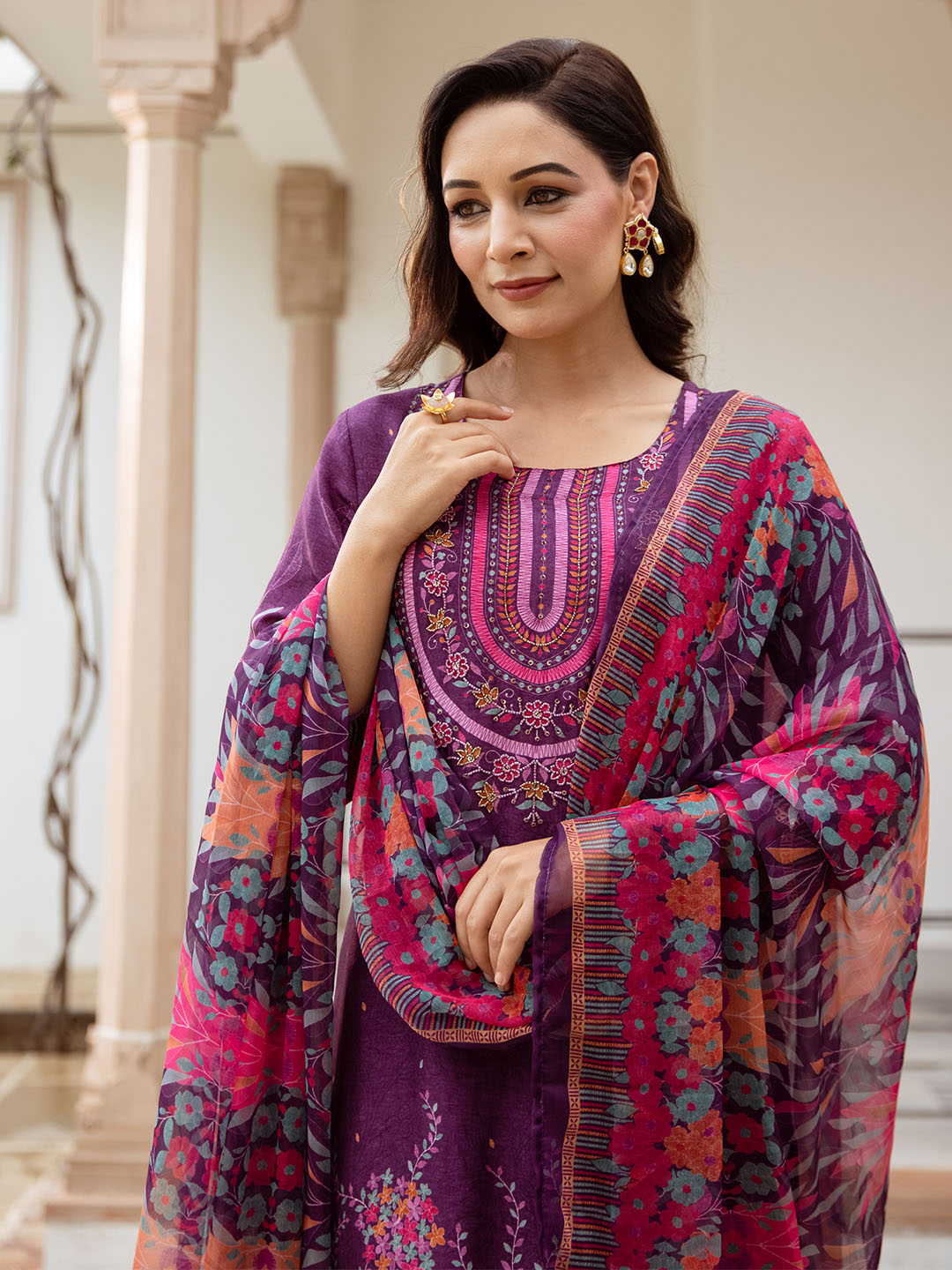 Soft Purple Dola Silk Floral A-Line Kurta Set With Flowy Printed Dupatta