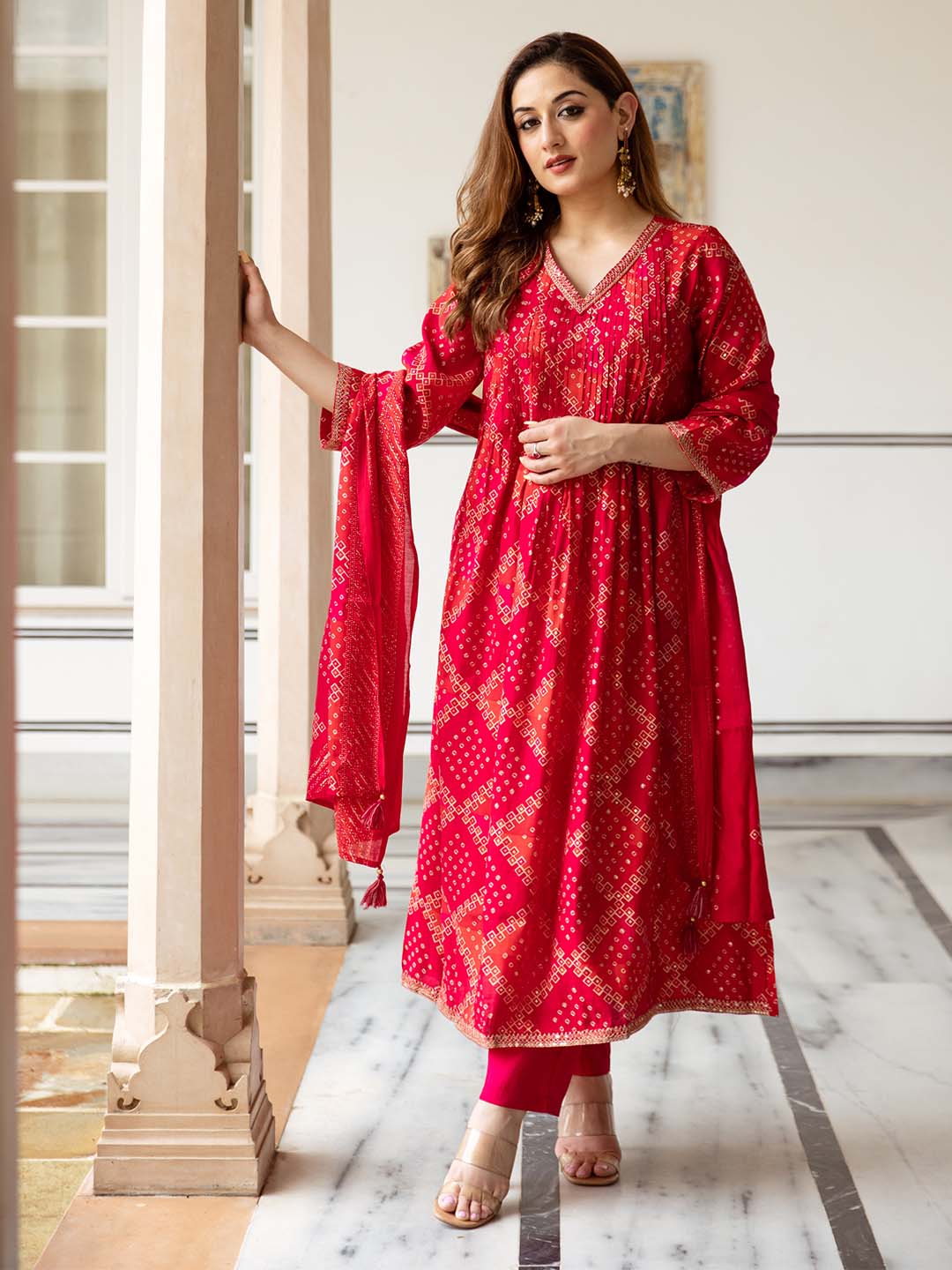 Rich Red Modal Muslin Bandini Print A-Line Kurta Set With Flowy Cotton Dupatta