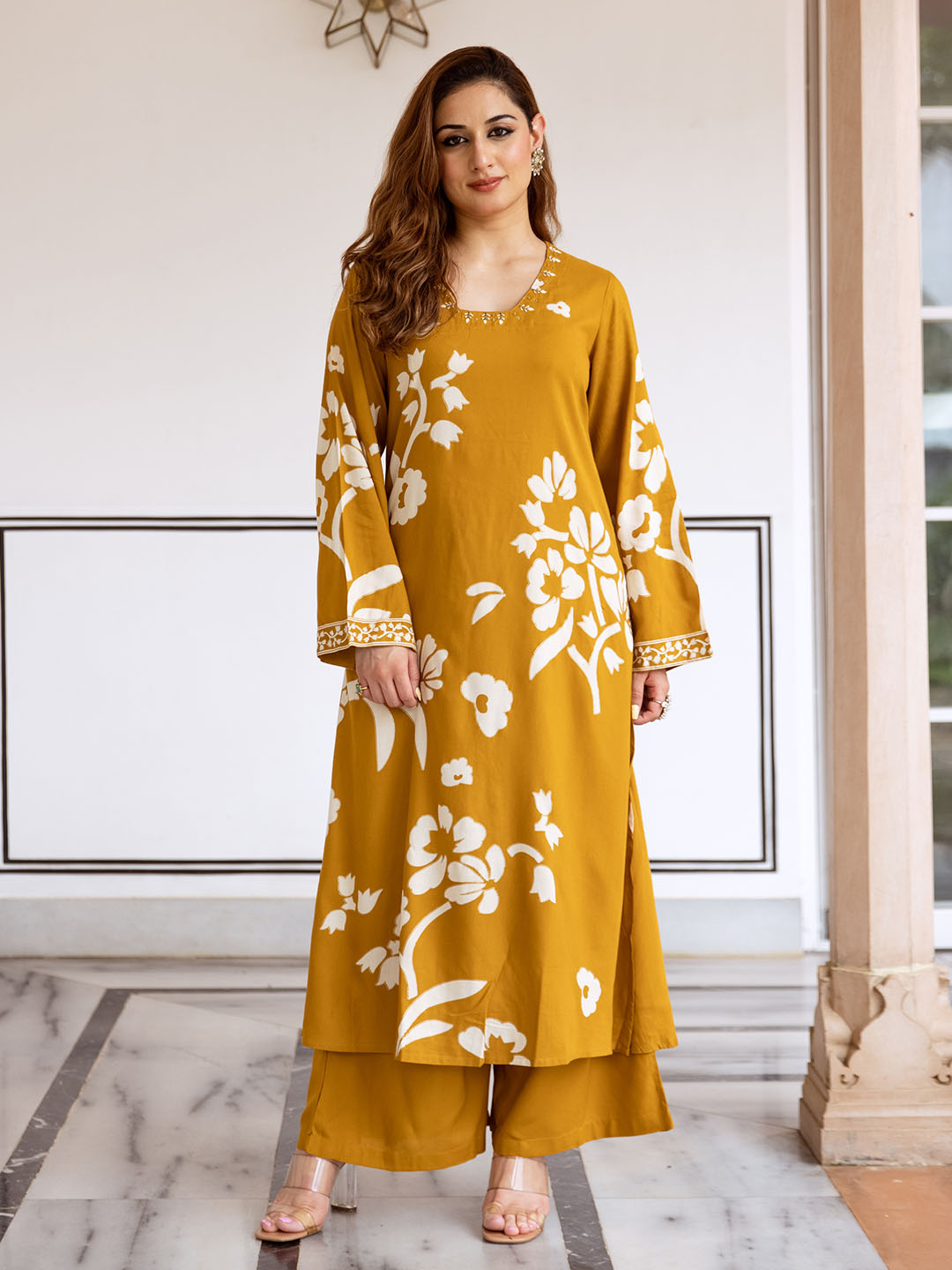 Comfy Mustard Rayon Bold Printed A-Line Kurta Set With Palazzo Bottom