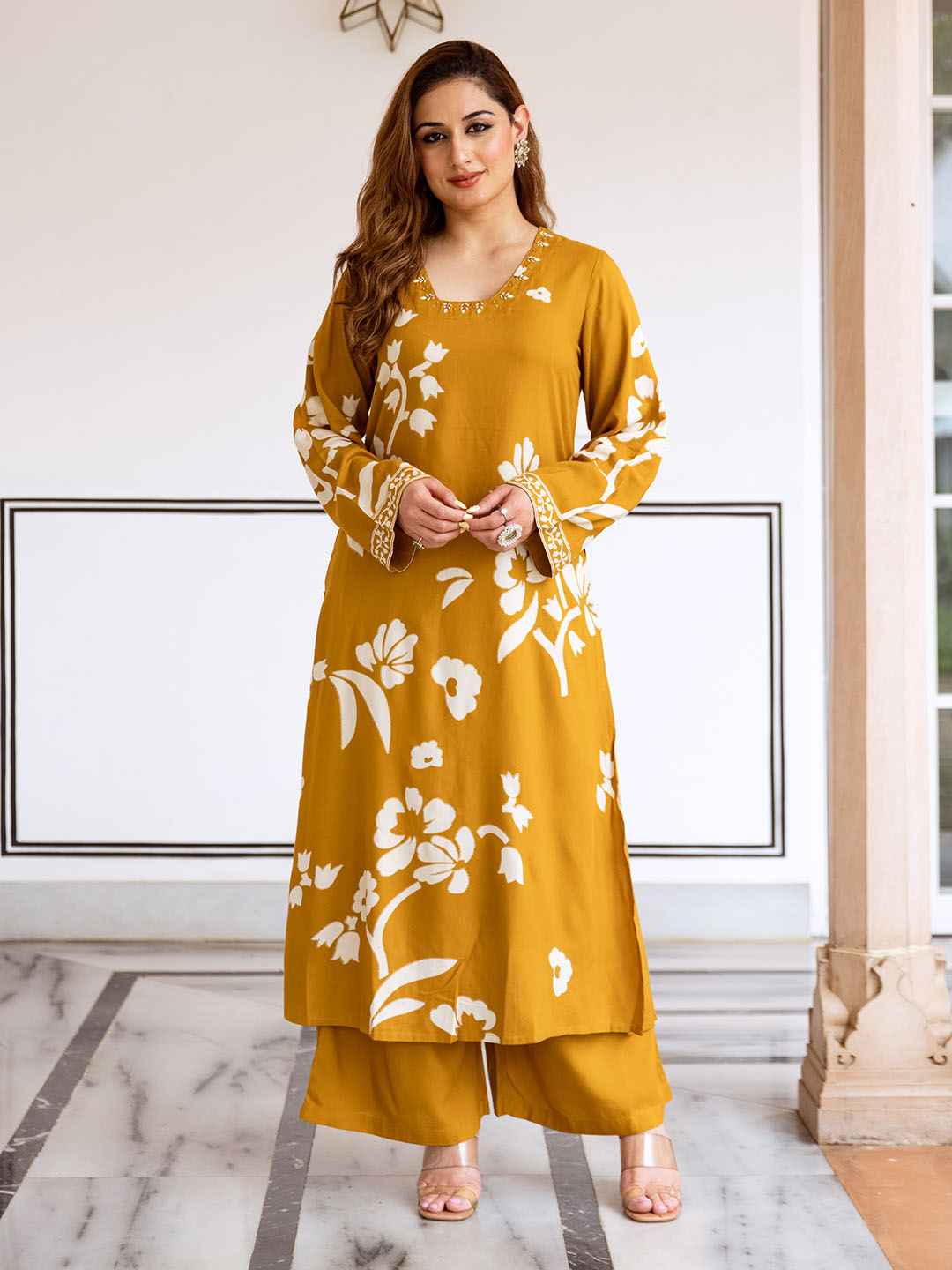 Comfy Mustard Rayon Bold Printed A-Line Kurta Set With Palazzo Bottom