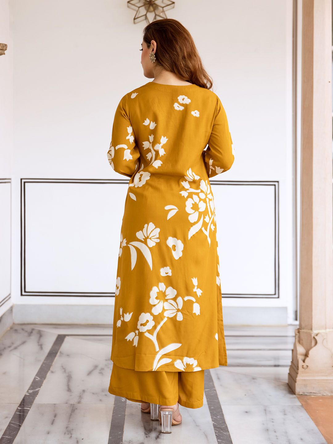 Comfy Mustard Rayon Bold Printed A-Line Kurta Set With Palazzo Bottom