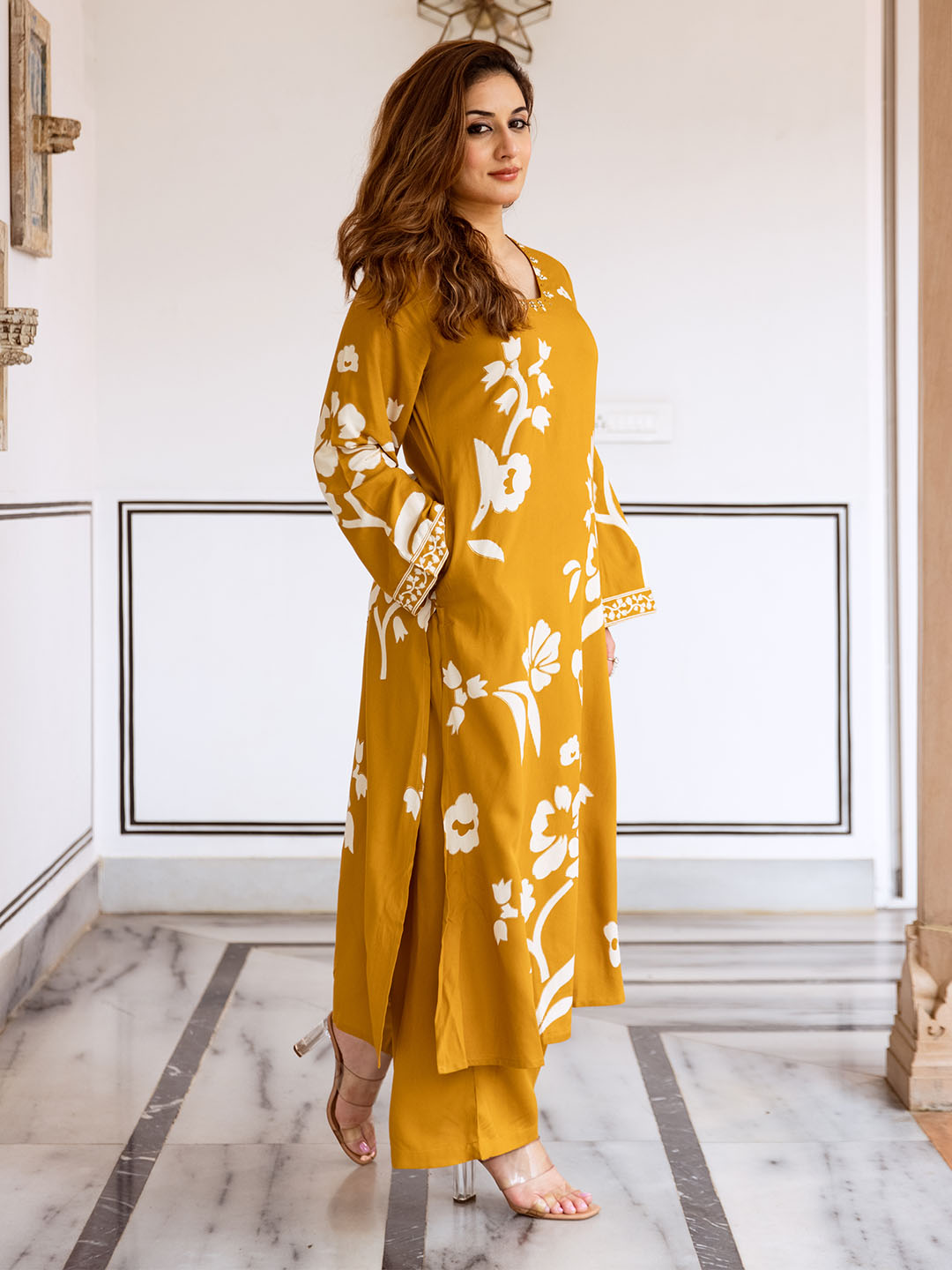 Comfy Mustard Rayon Bold Printed A-Line Kurta Set With Palazzo Bottom