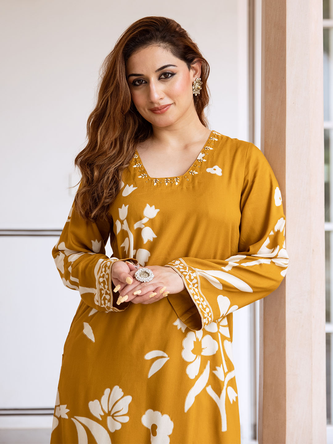 Comfy Mustard Rayon Bold Printed A-Line Kurta Set With Palazzo Bottom