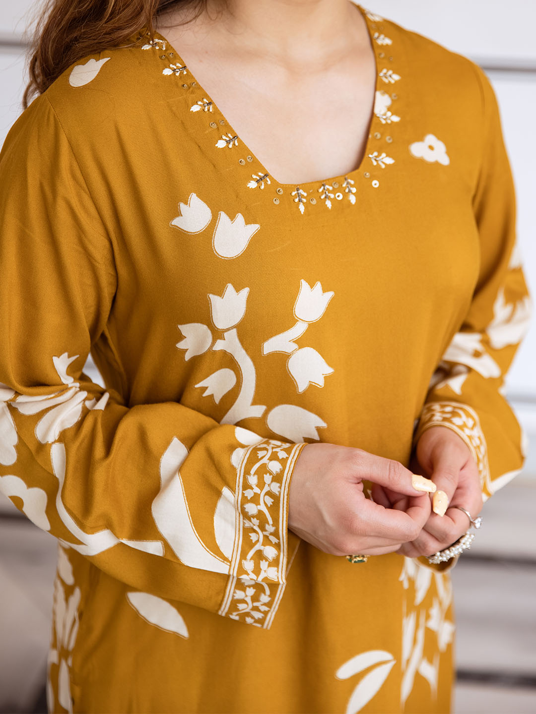 Comfy Mustard Rayon Bold Printed A-Line Kurta Set With Palazzo Bottom