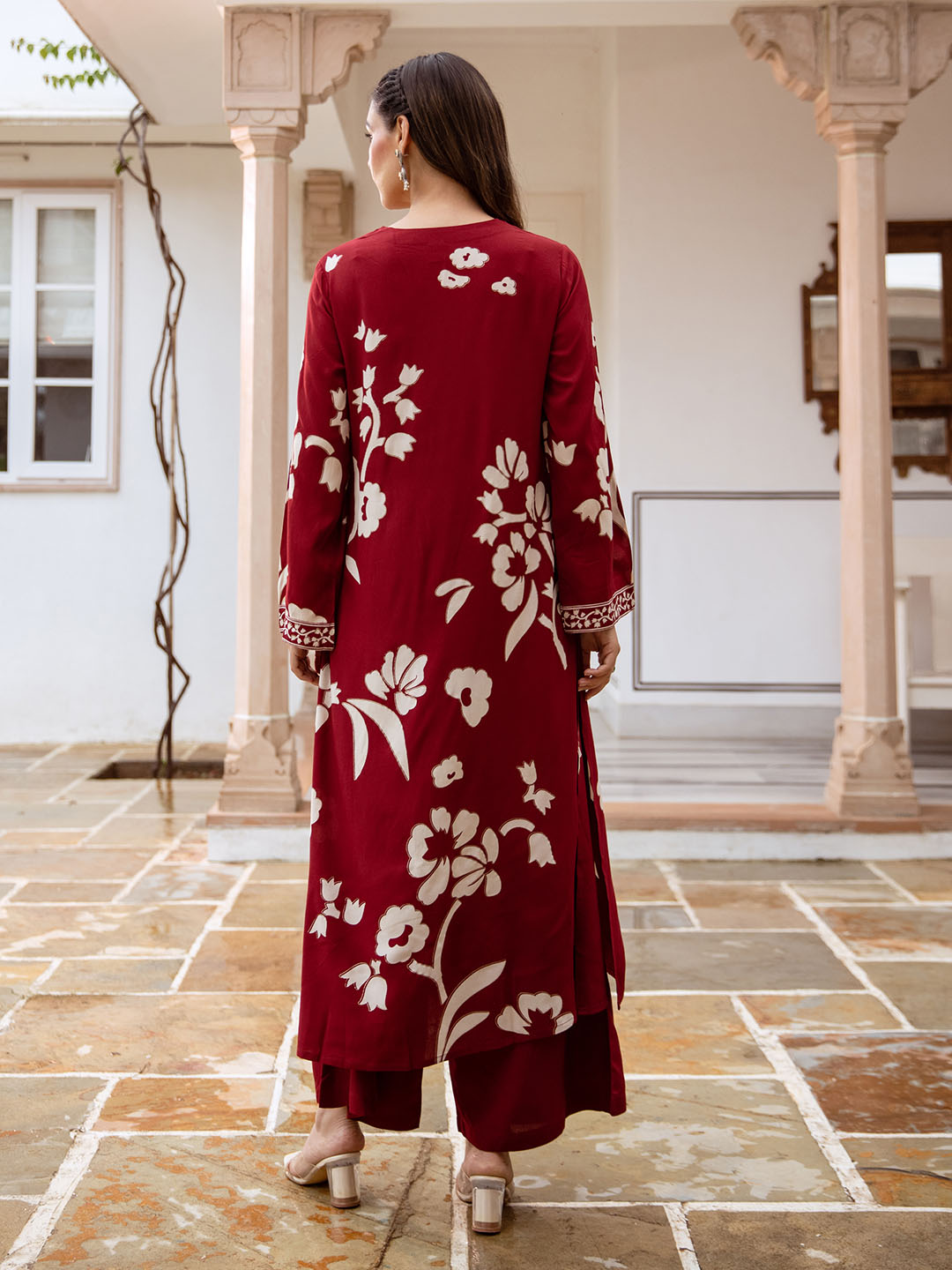 Comfy Maroon Rayon Bold Printed A-Line Kurta Set With Palazzo Bottom