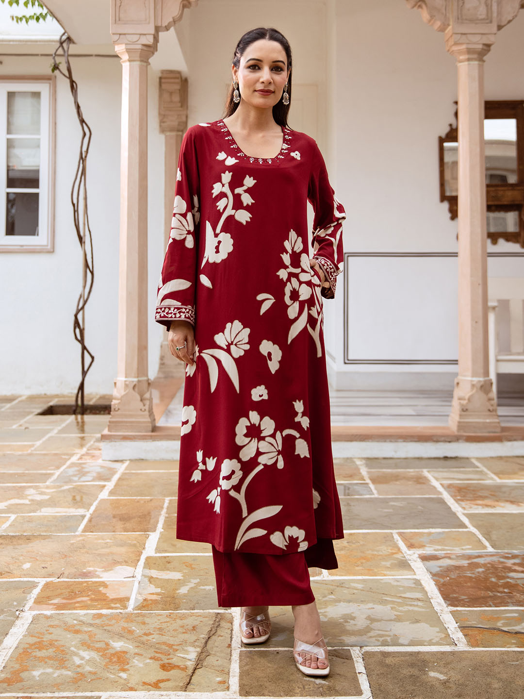 Comfy Maroon Rayon Bold Printed A-Line Kurta Set With Palazzo Bottom