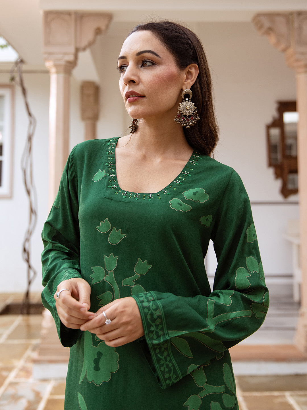 Comfy Green Rayon Bold Printed A-Line Kurta Set With Palazzo Bottom