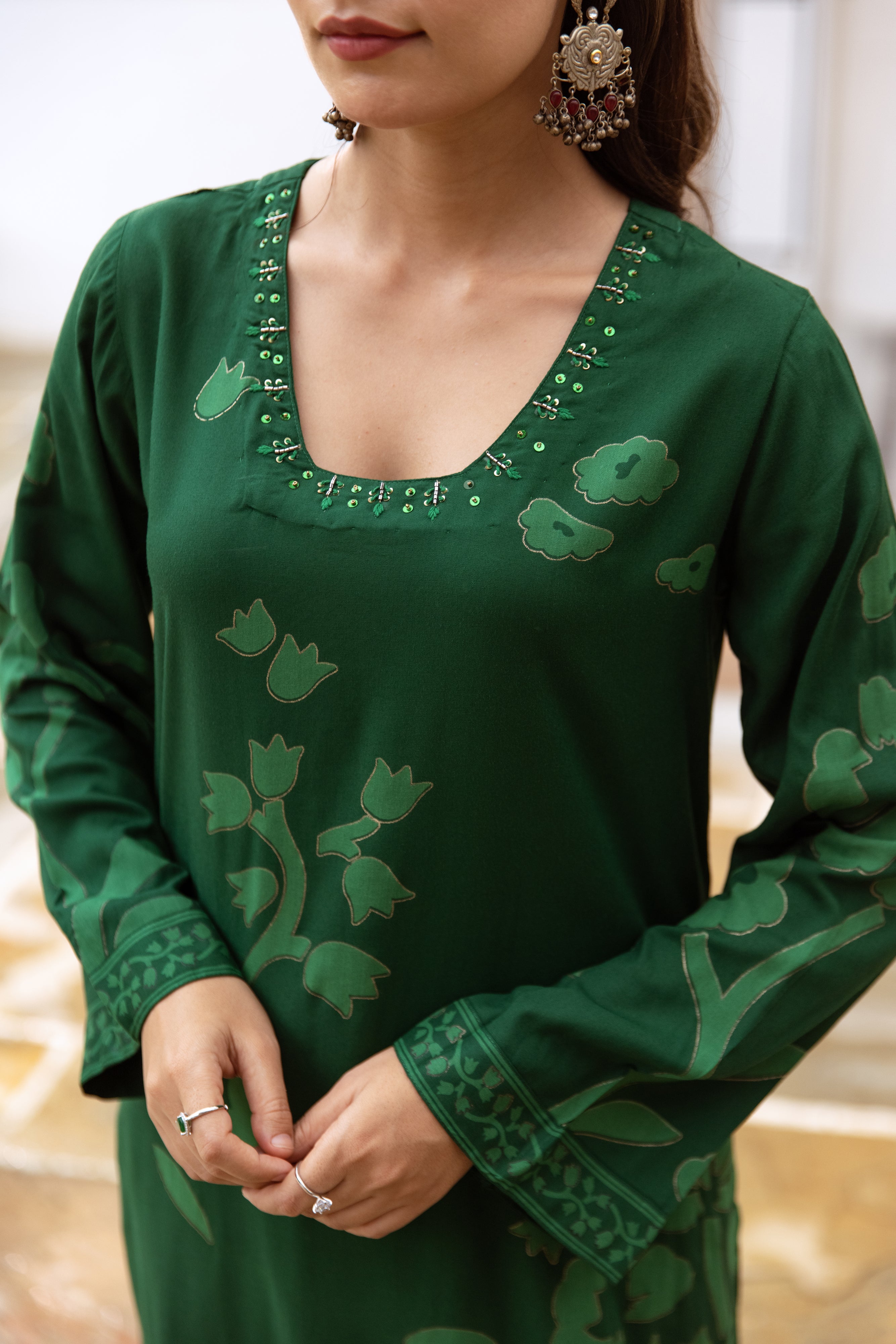 Comfy Green Rayon Bold Printed A-Line Kurta Set With Palazzo Bottom