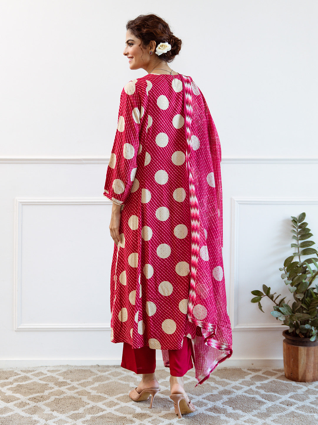 Soft Pink Rayon Mirror Work A-Line Kurta Set With Polka-Printed Dupatta