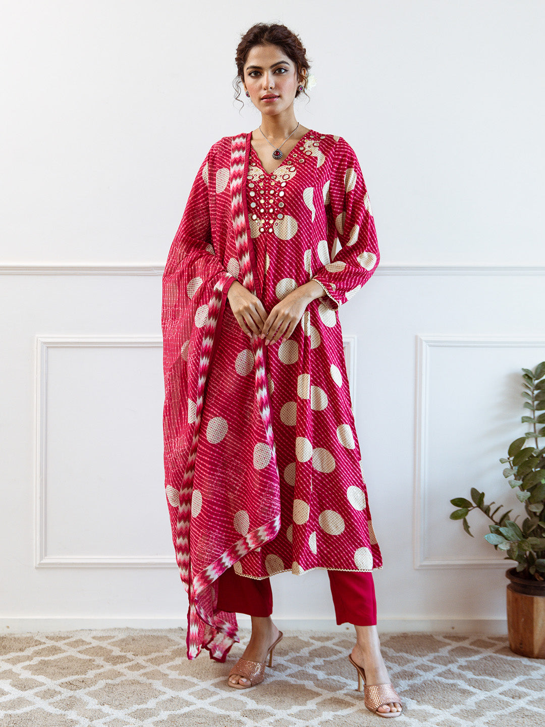 Soft Pink Rayon Mirror Work A-Line Kurta Set With Polka-Printed Dupatta