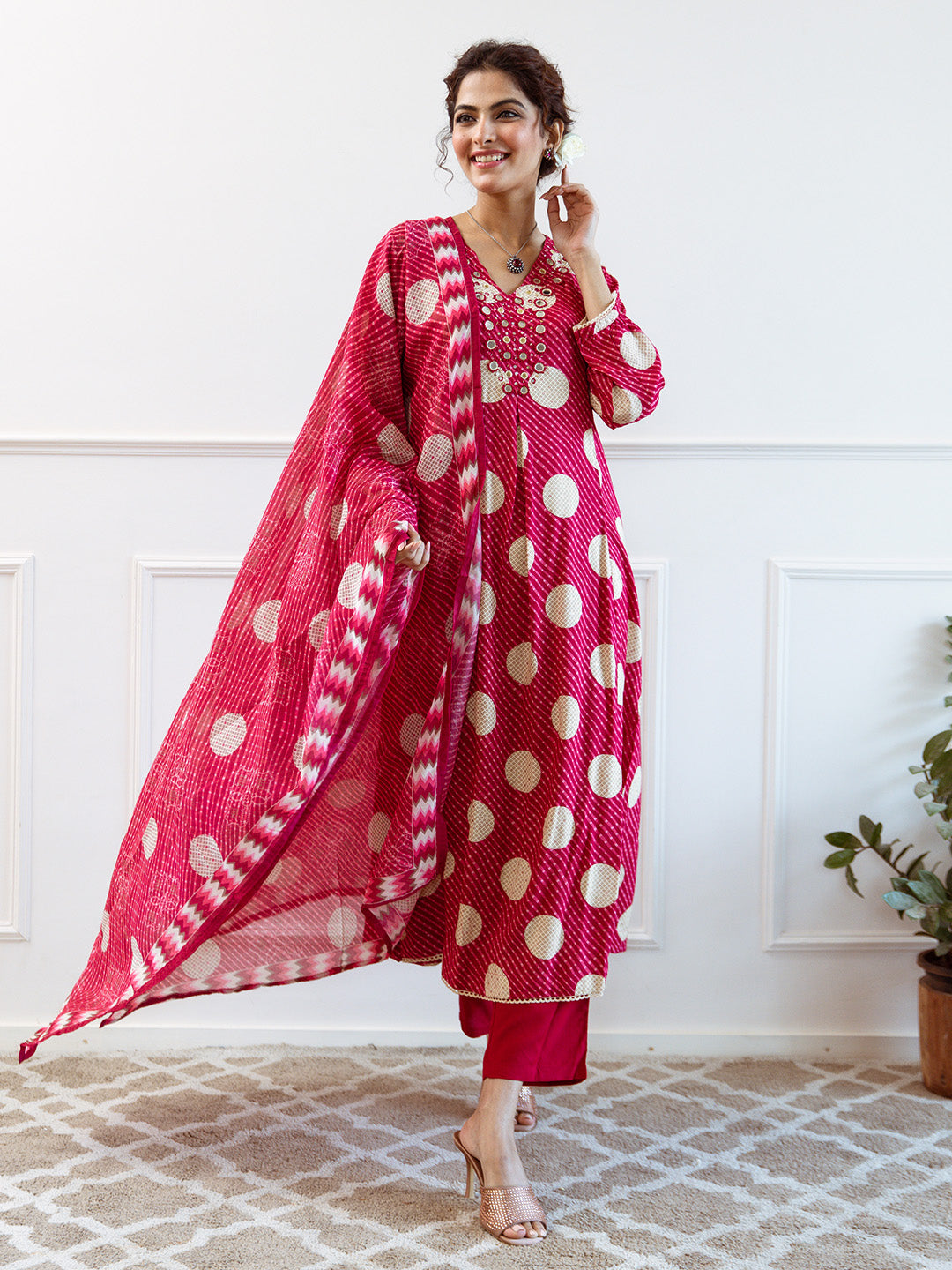 Soft Pink Rayon Mirror Work A-Line Kurta Set With Polka-Printed Dupatta