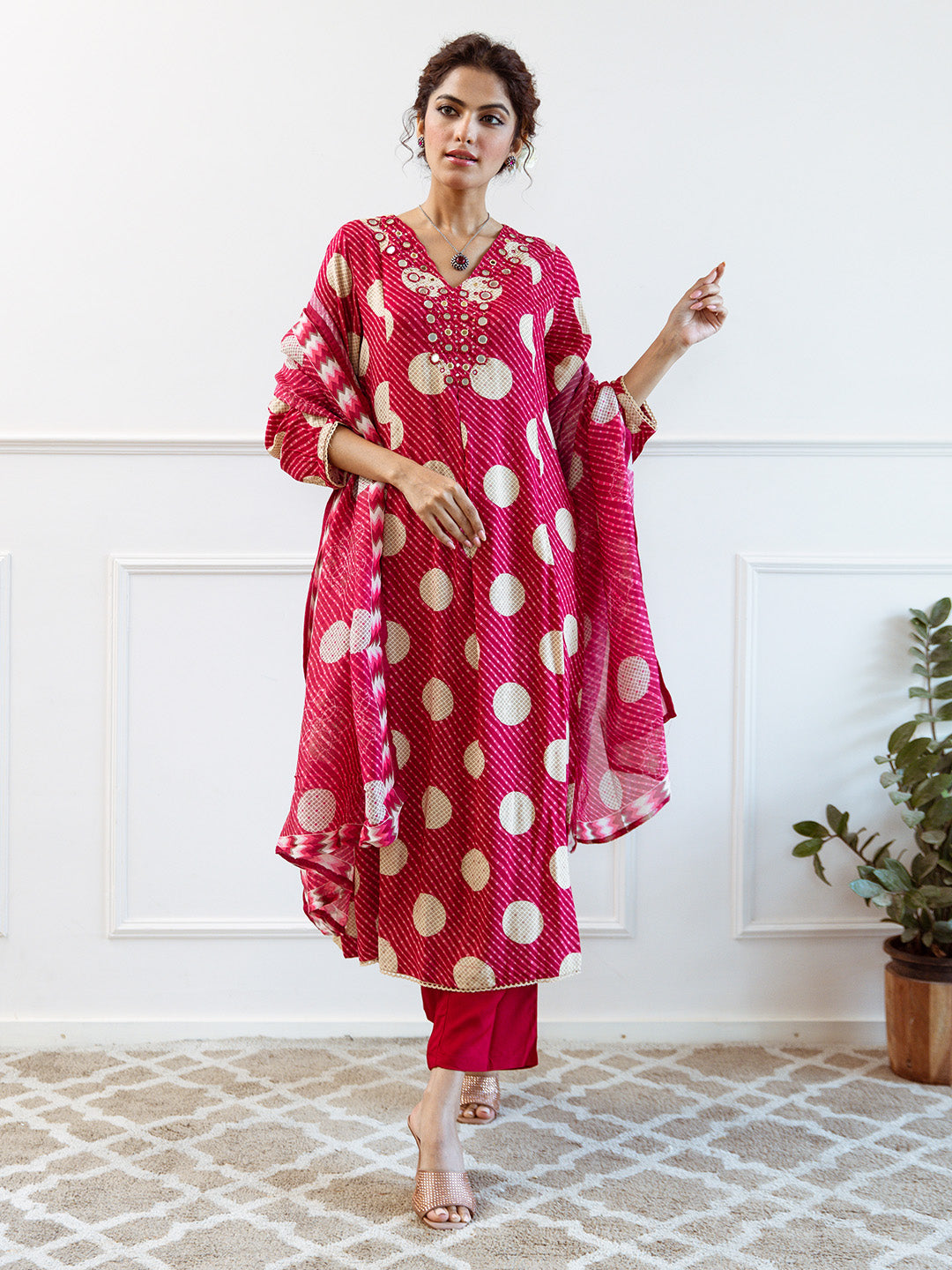 Soft Pink Rayon Mirror Work A-Line Kurta Set With Polka-Printed Dupatta