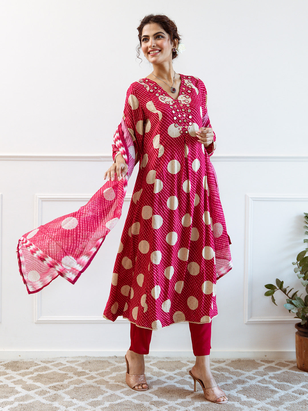 Soft Pink Rayon Mirror Work A-Line Kurta Set With Polka-Printed Dupatta