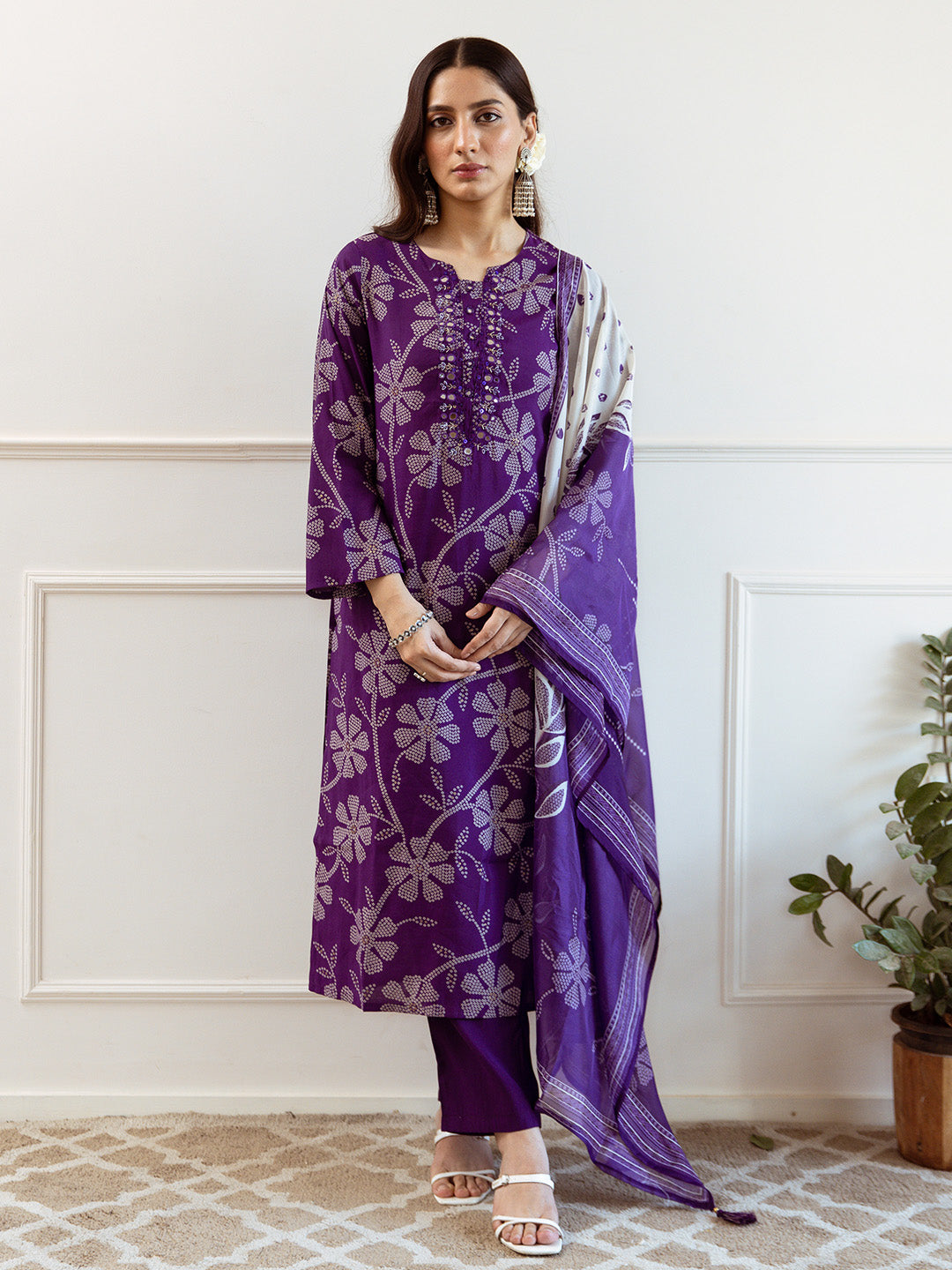 Soft Purple Modal Muslin A-Line Kurta Set With Flowy Printed Dupatta