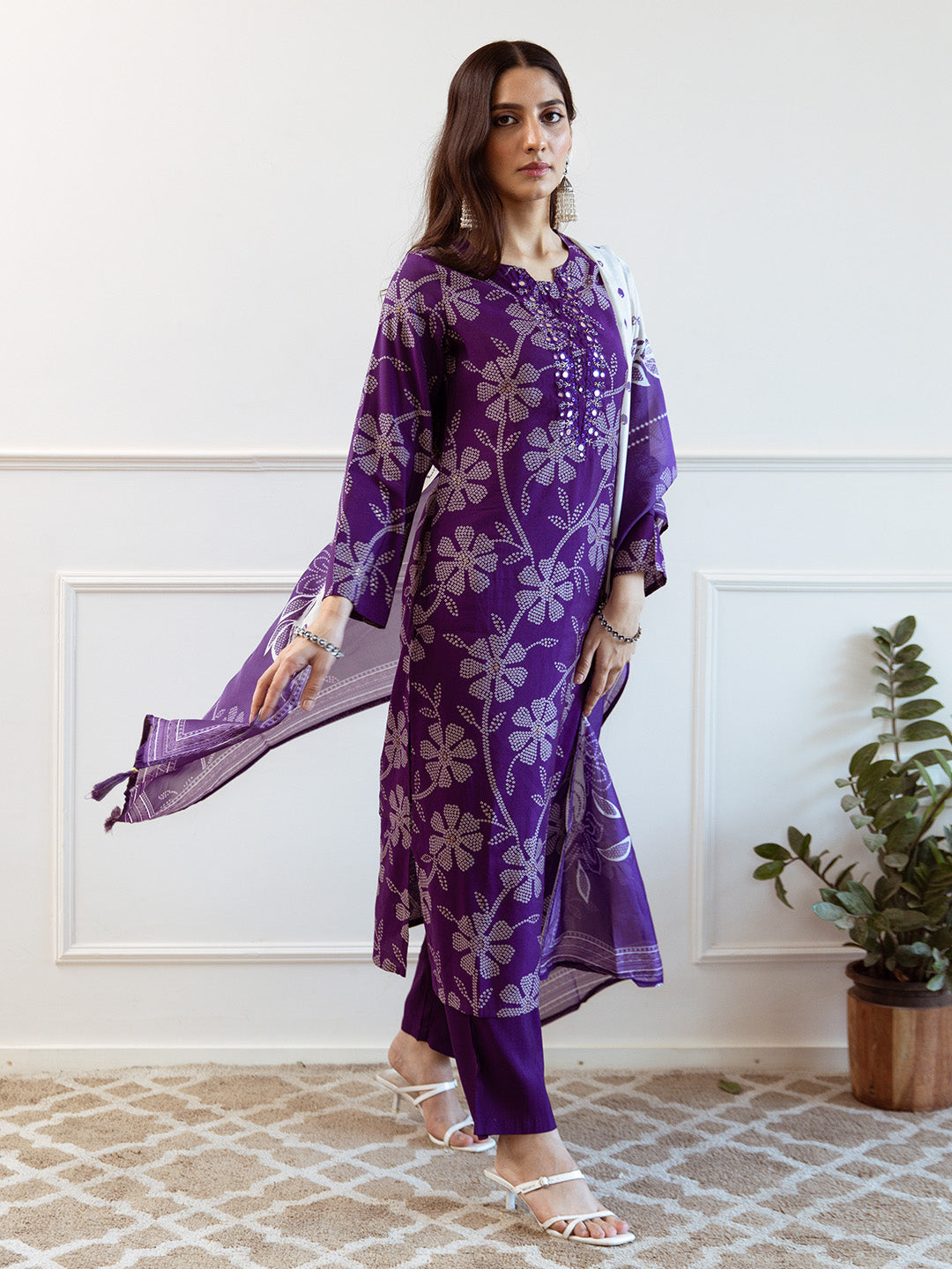 Soft Purple Modal Muslin A-Line Kurta Set With Flowy Printed Dupatta