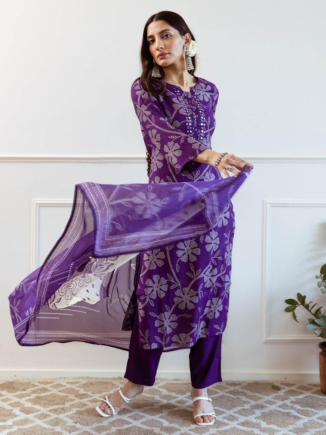 Soft Purple Modal Muslin A-Line Kurta Set With Flowy Printed Dupatta