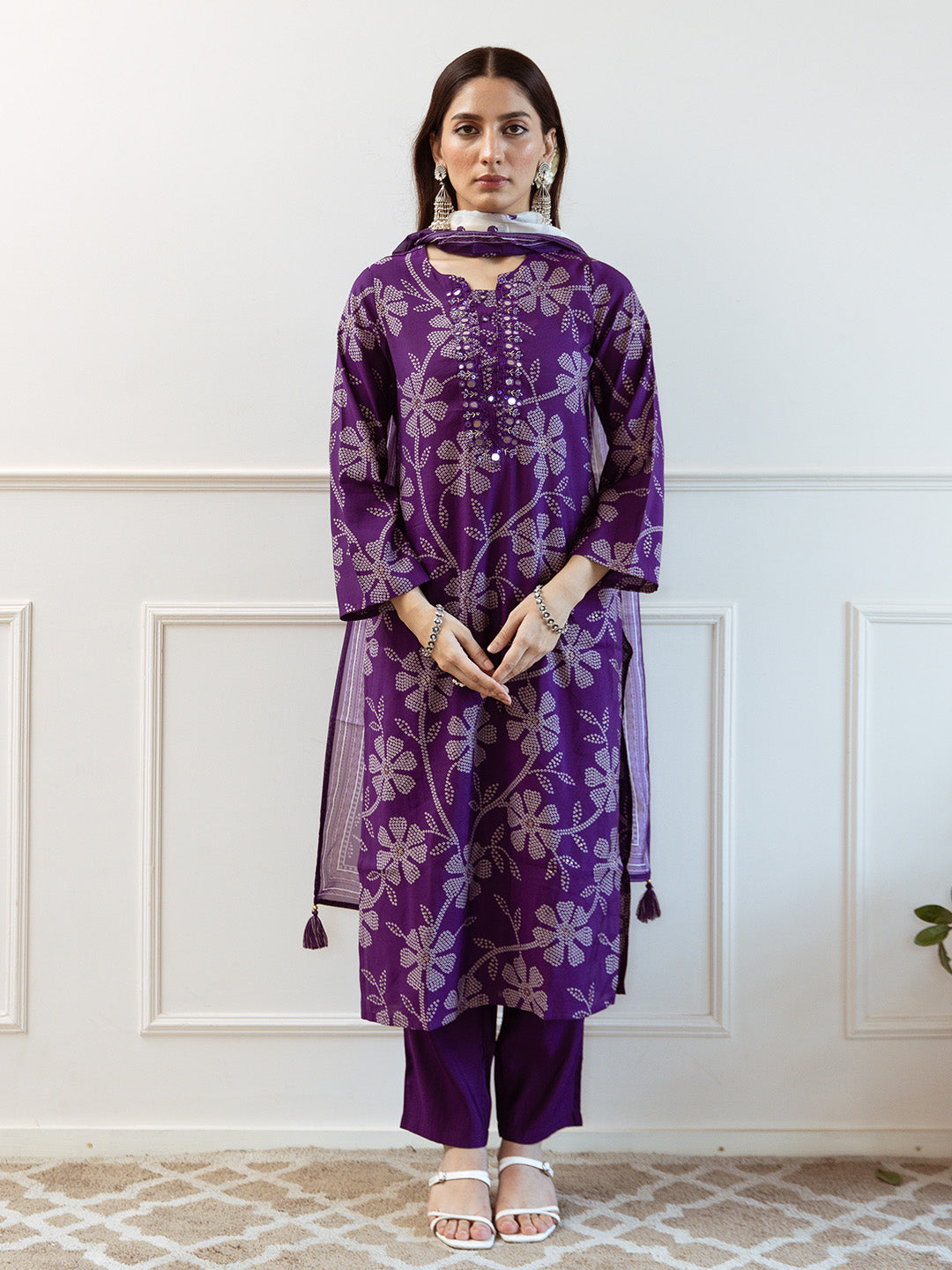 Soft Purple Modal Muslin A-Line Kurta Set With Flowy Printed Dupatta