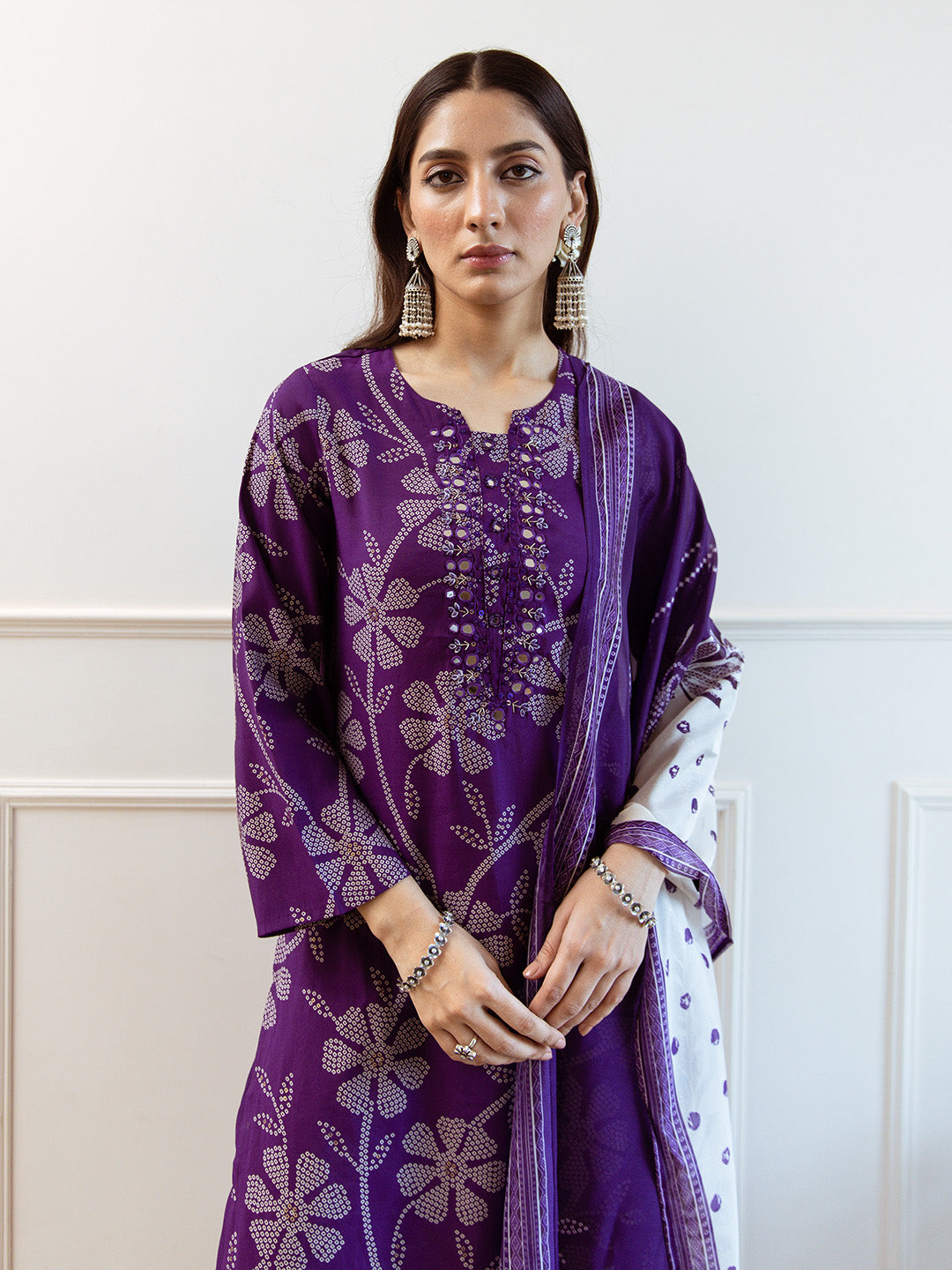 Soft Purple Modal Muslin A-Line Kurta Set With Flowy Printed Dupatta