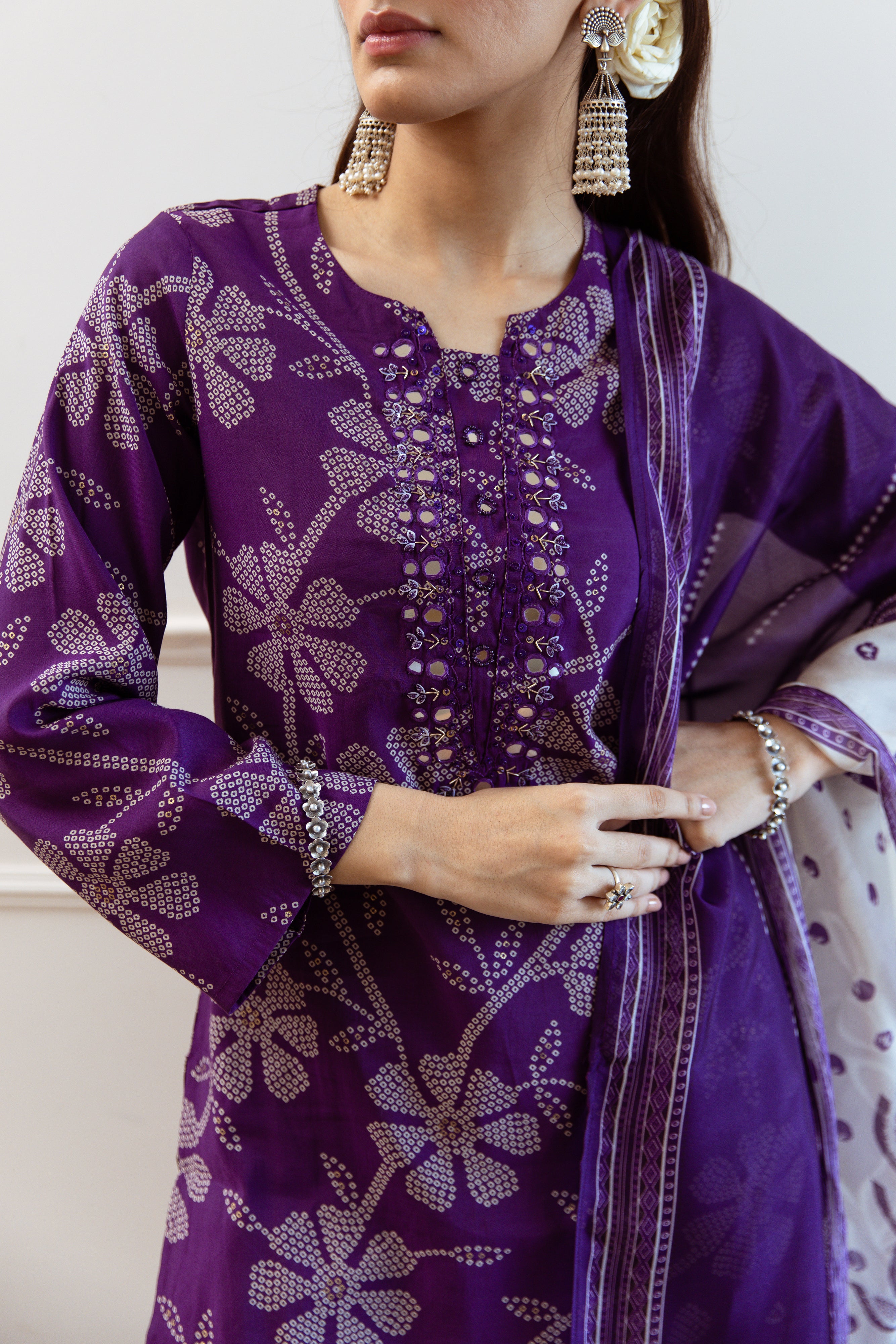 Soft Purple Modal Muslin A-Line Kurta Set With Flowy Printed Dupatta