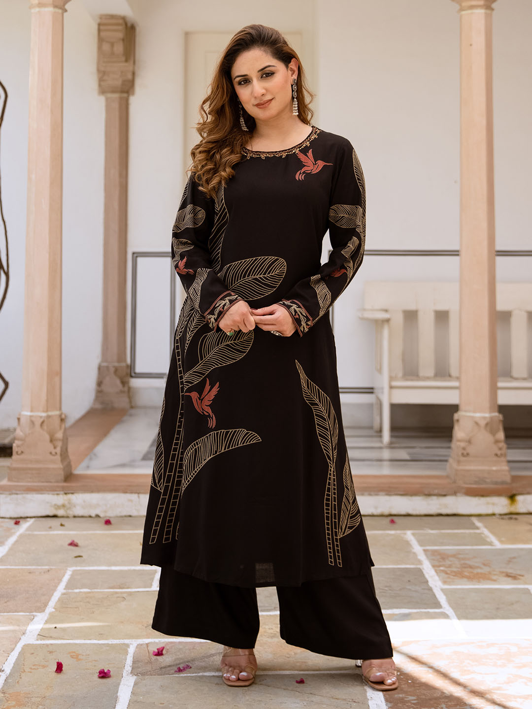 Comfy Black Rayon Bold Printed A-Line Kurta Set With Palazzo Bottom