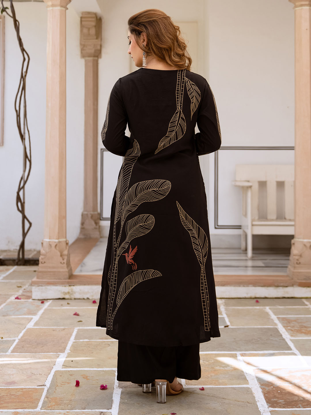 Comfy Black Rayon Bold Printed A-Line Kurta Set With Palazzo Bottom