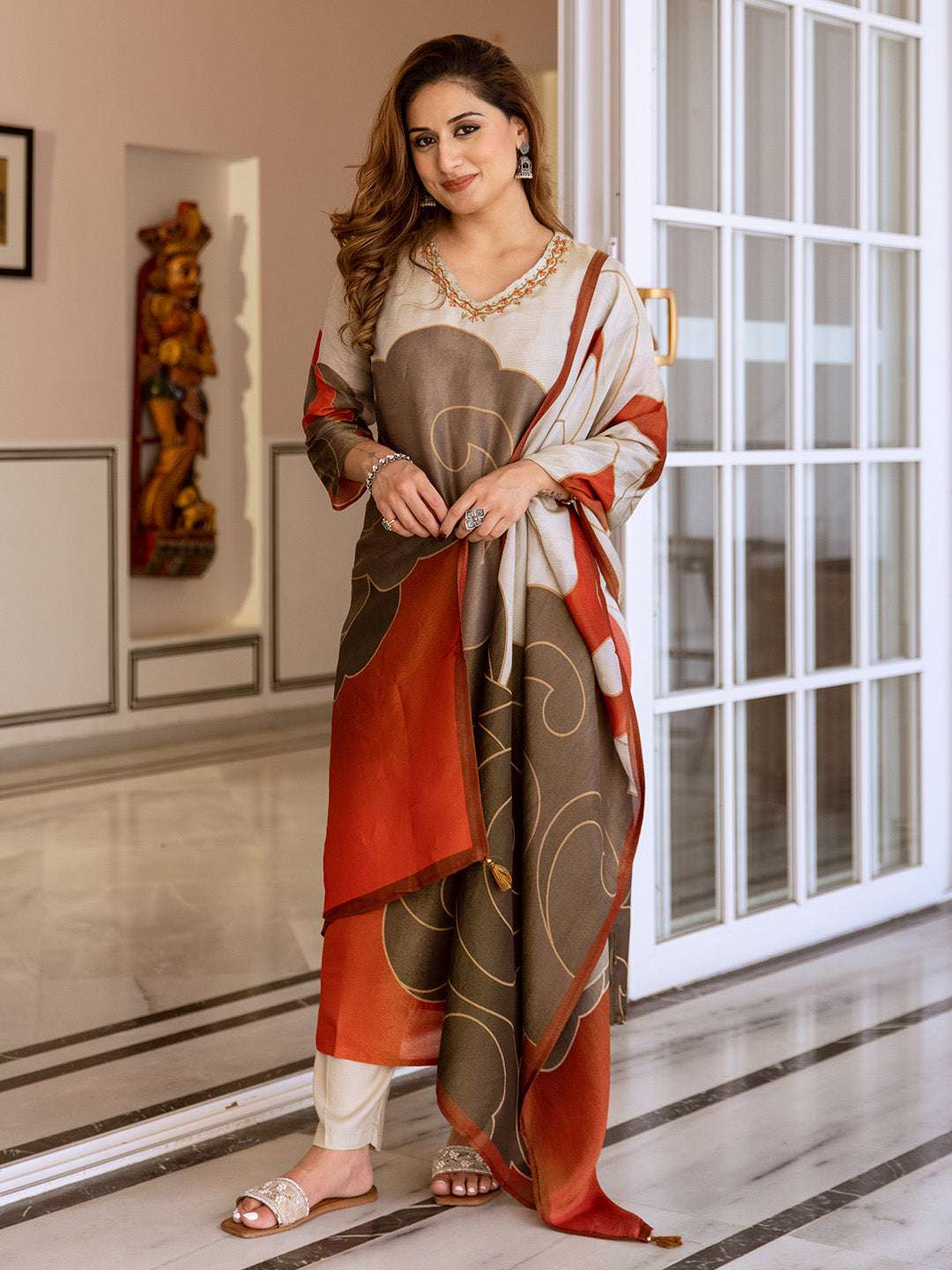 Comfy Grey Tissue Shimmer A-Line Kurta Set With Bold Printed Dupatta