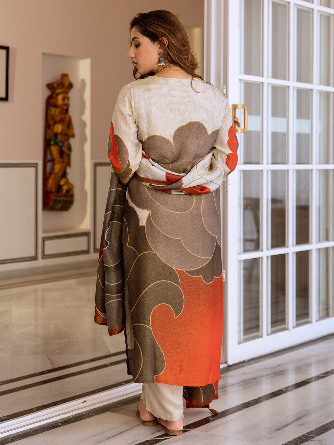 Comfy Grey Tissue Shimmer A-Line Kurta Set With Bold Printed Dupatta