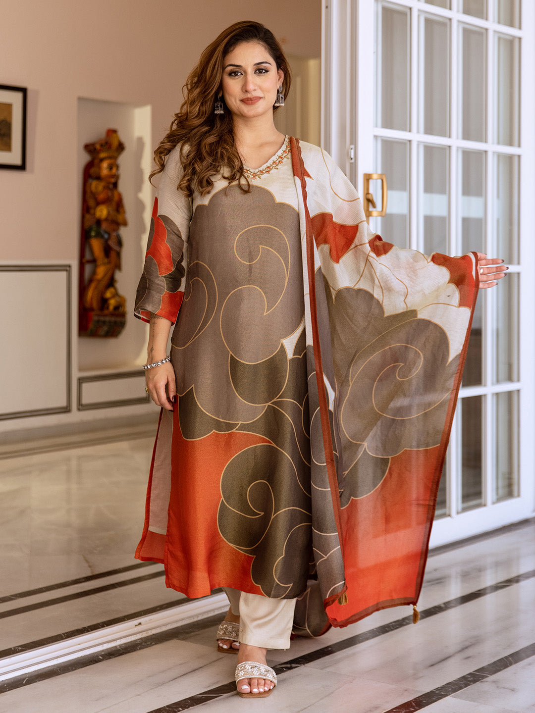 Comfy Grey Tissue Shimmer A-Line Kurta Set With Bold Printed Dupatta