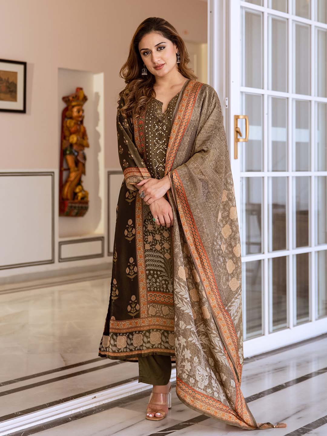 Soft Multi-Colored Tissue Shimmer A-Line Kurta Set With Flowy Printed Dupatta