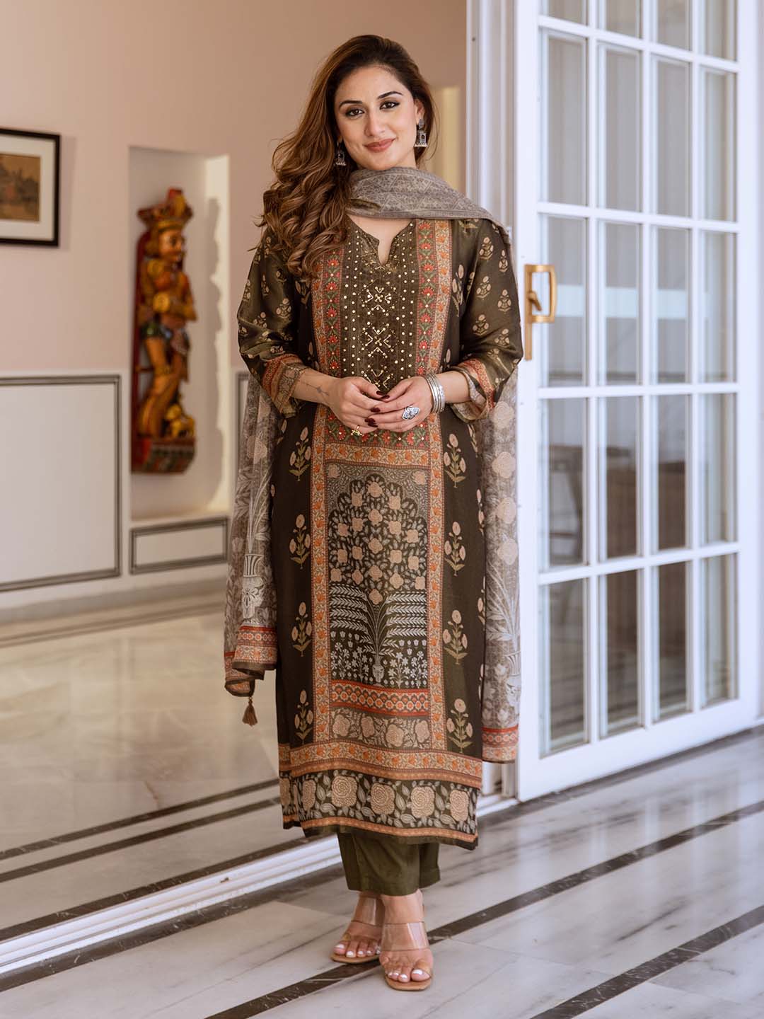 Soft Multi-Colored Tissue Shimmer A-Line Kurta Set With Flowy Printed Dupatta