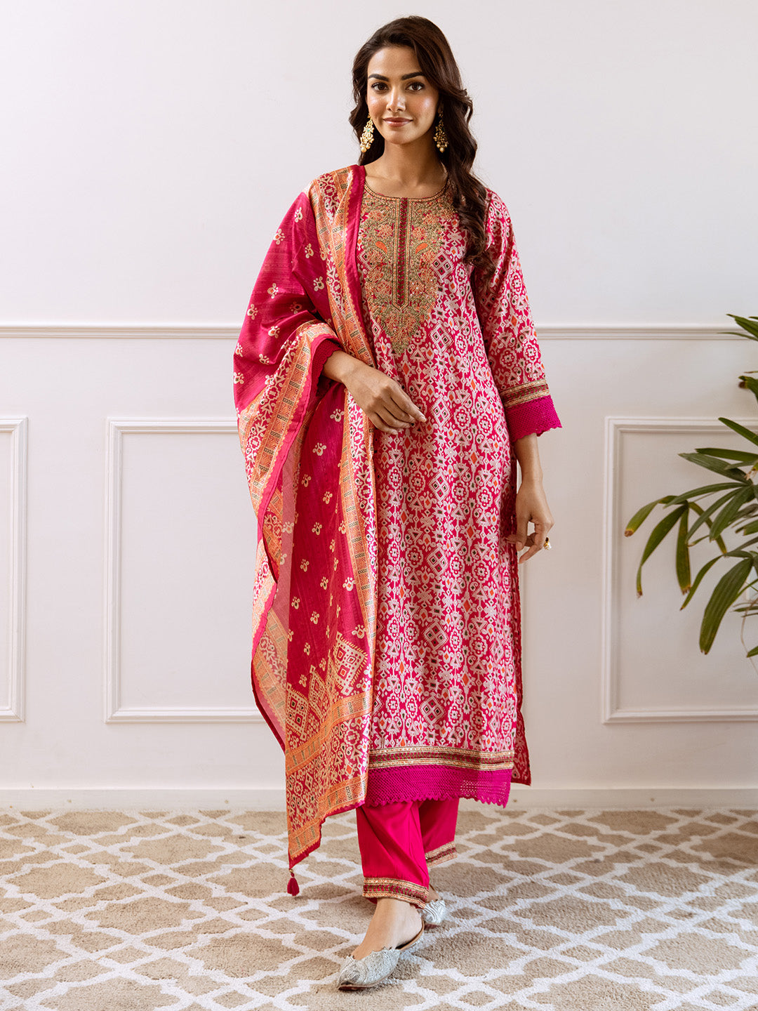 Rich Pink Modal Muslin Zari Embroidered A-Line Kurta Set With Printed Dupatta