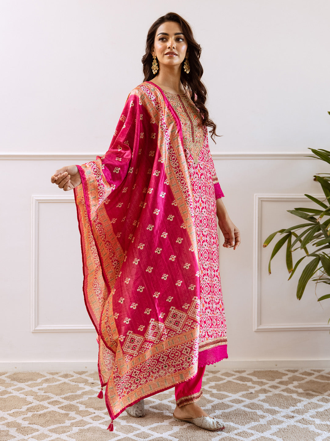 Rich Pink Modal Muslin Zari Embroidered A-Line Kurta Set With Printed Dupatta