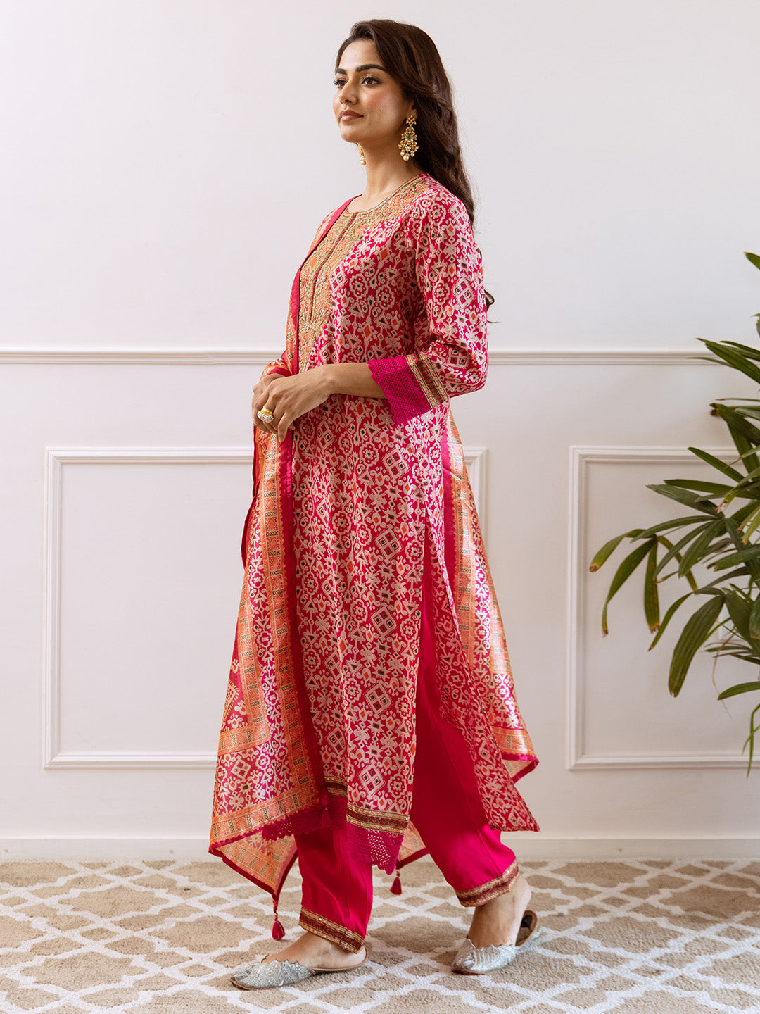 Rich Pink Modal Muslin Zari Embroidered A-Line Kurta Set With Printed Dupatta