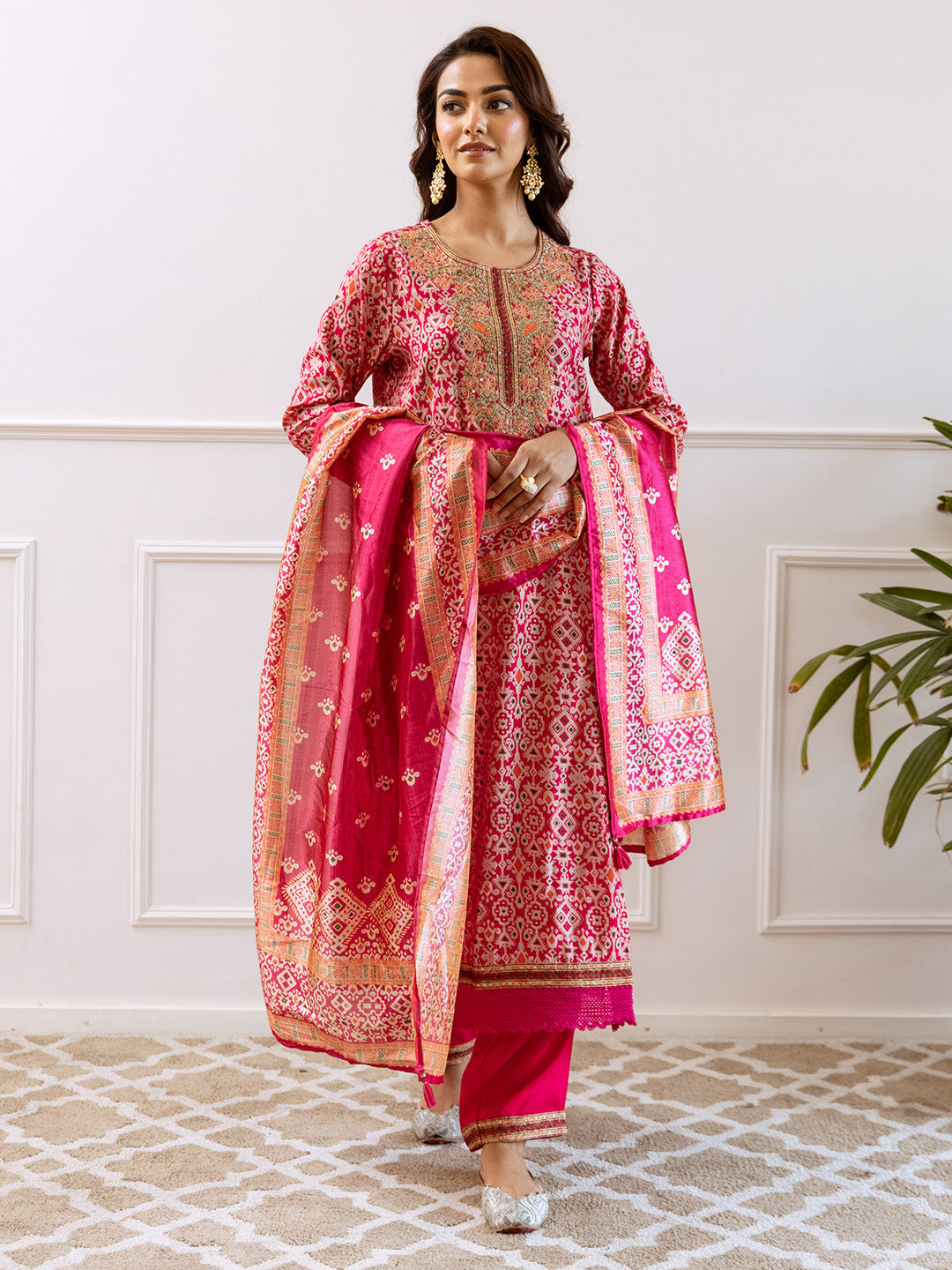 Rich Pink Modal Muslin Zari Embroidered A-Line Kurta Set With Printed Dupatta