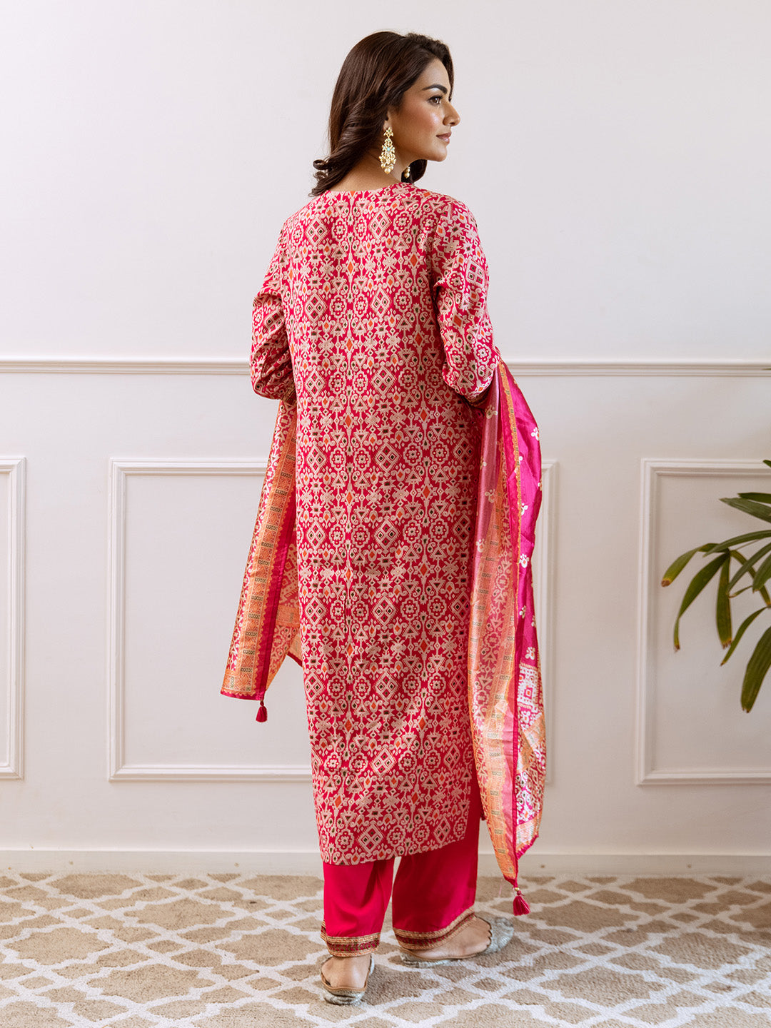 Rich Pink Modal Muslin Zari Embroidered A-Line Kurta Set With Printed Dupatta