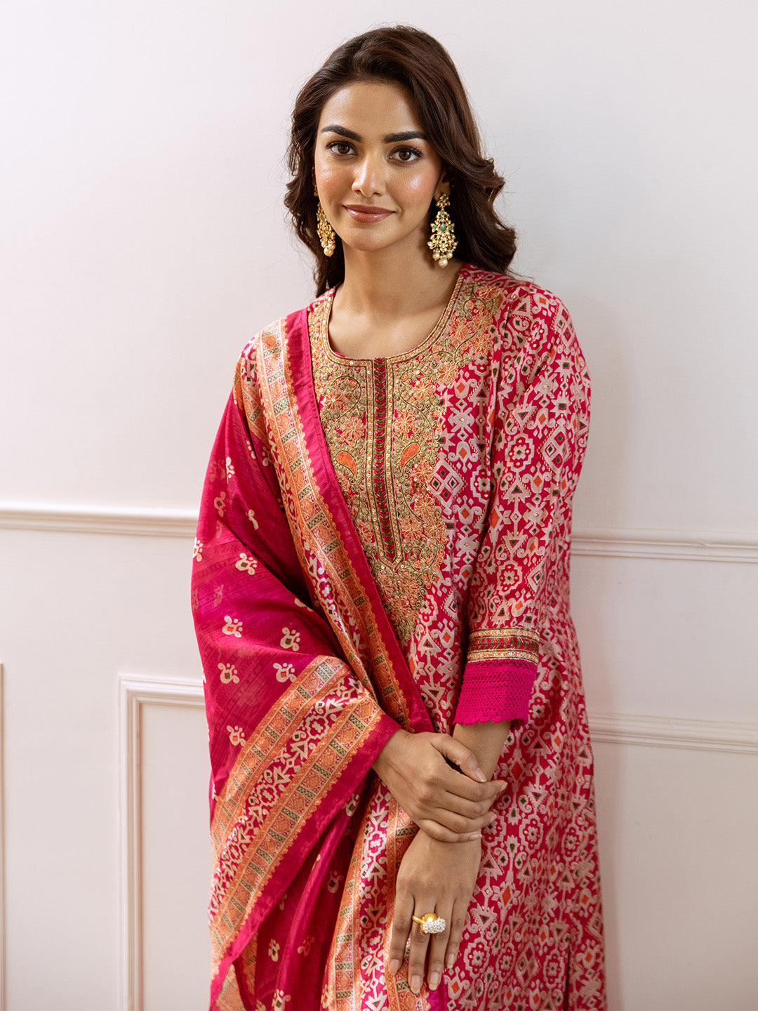 Rich Pink Modal Muslin Zari Embroidered A-Line Kurta Set With Printed Dupatta