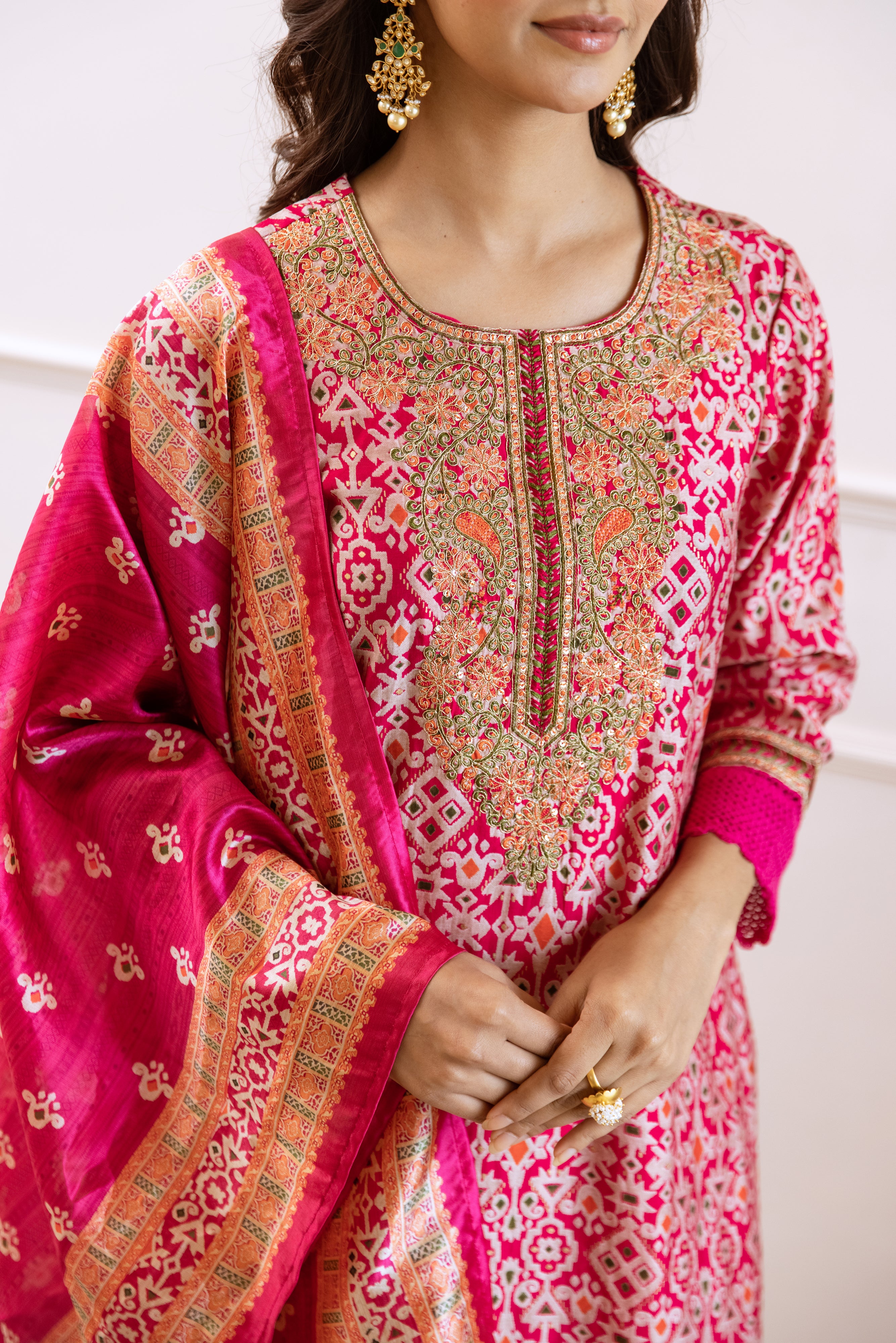 Rich Pink Modal Muslin Zari Embroidered A-Line Kurta Set With Printed Dupatta