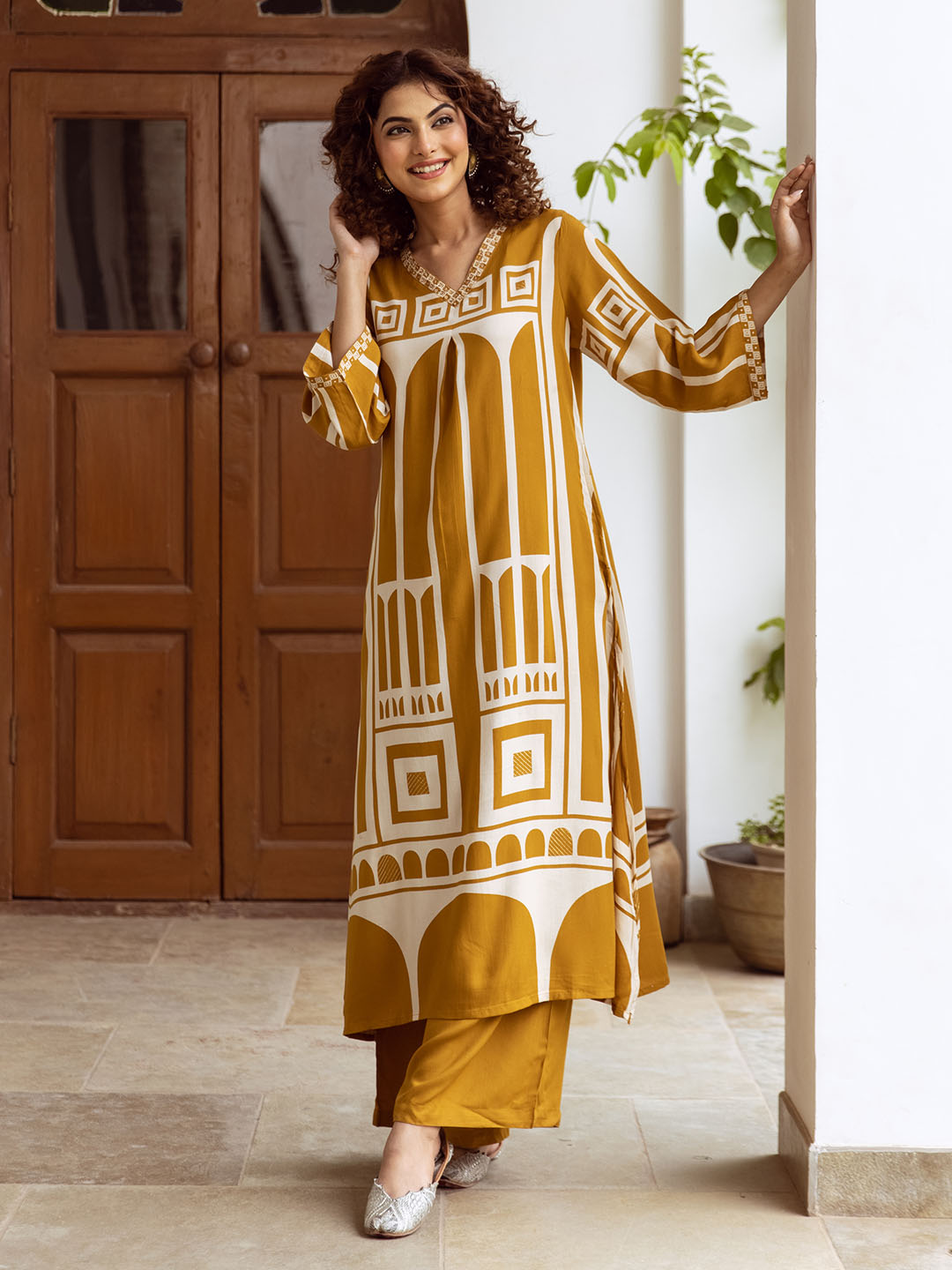 Comfy Mustard Rayon Bold Printed A-Line Kurta Set With Straight Bottom