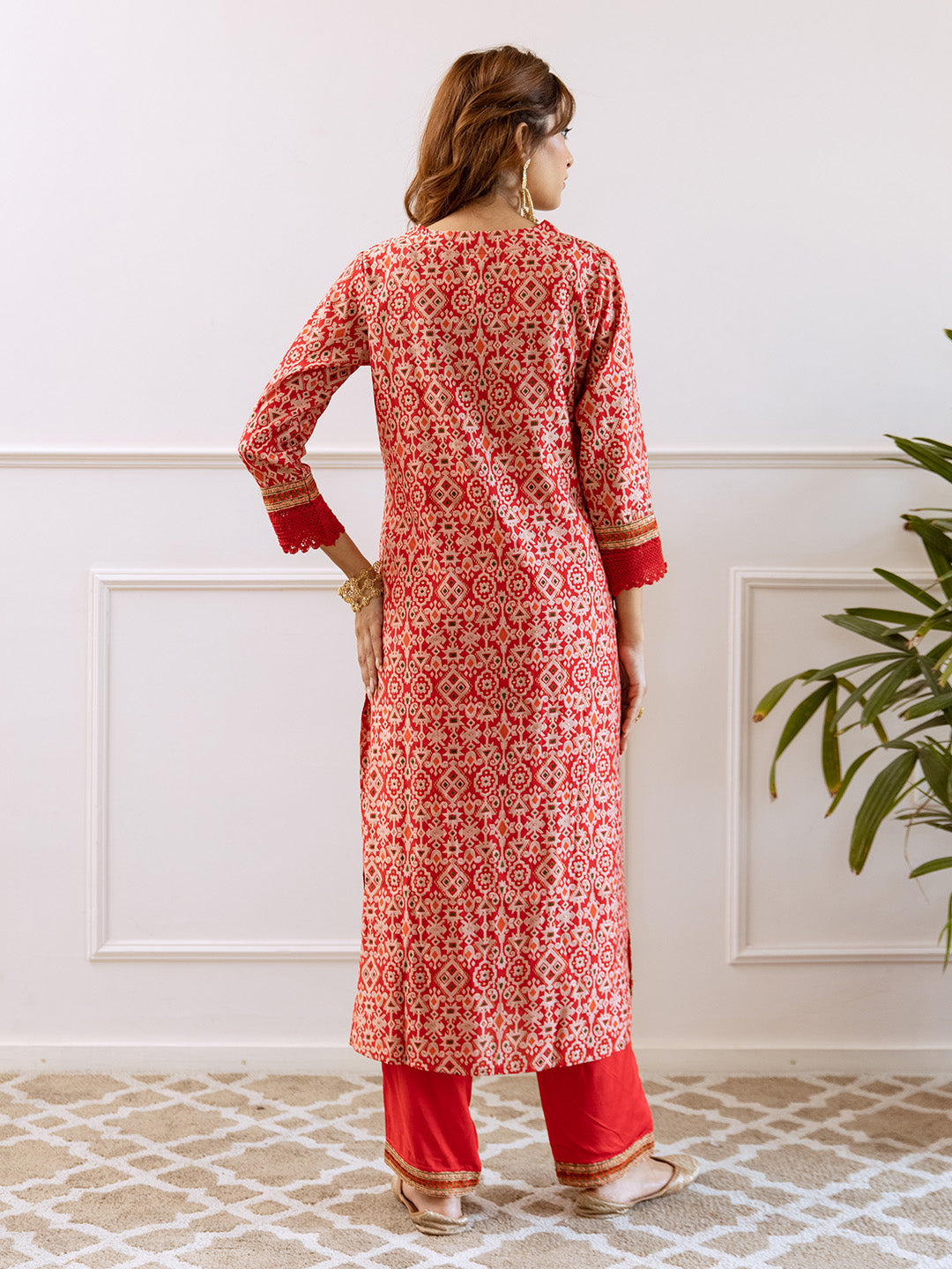 Rich Red Modal Muslin Zari Embroidered A-Line Kurta Set With Printed Dupatta