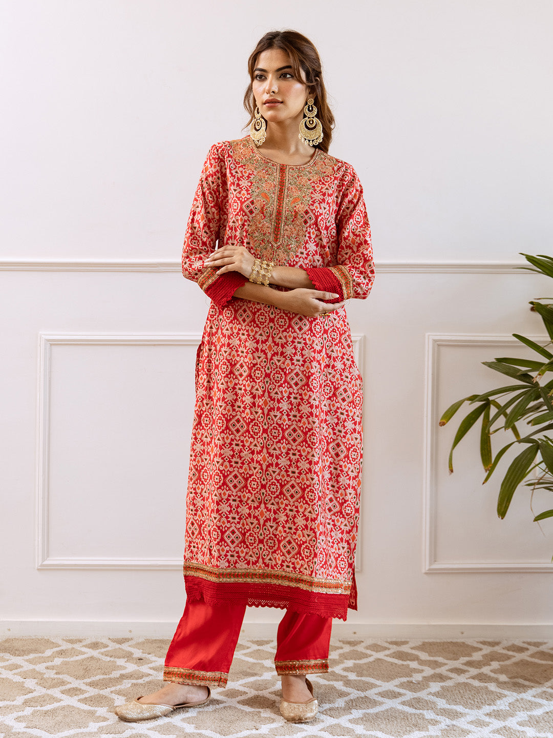 Rich Red Modal Muslin Zari Embroidered A-Line Kurta Set With Printed Dupatta