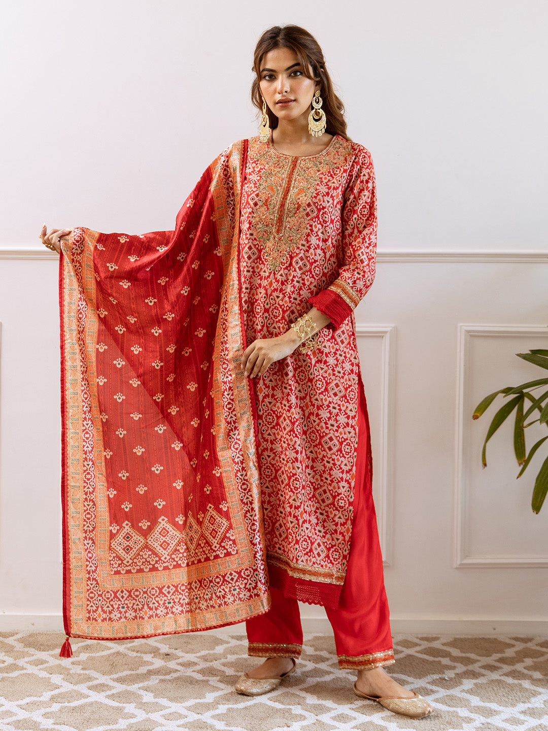 Rich Red Modal Muslin Zari Embroidered A-Line Kurta Set With Printed Dupatta