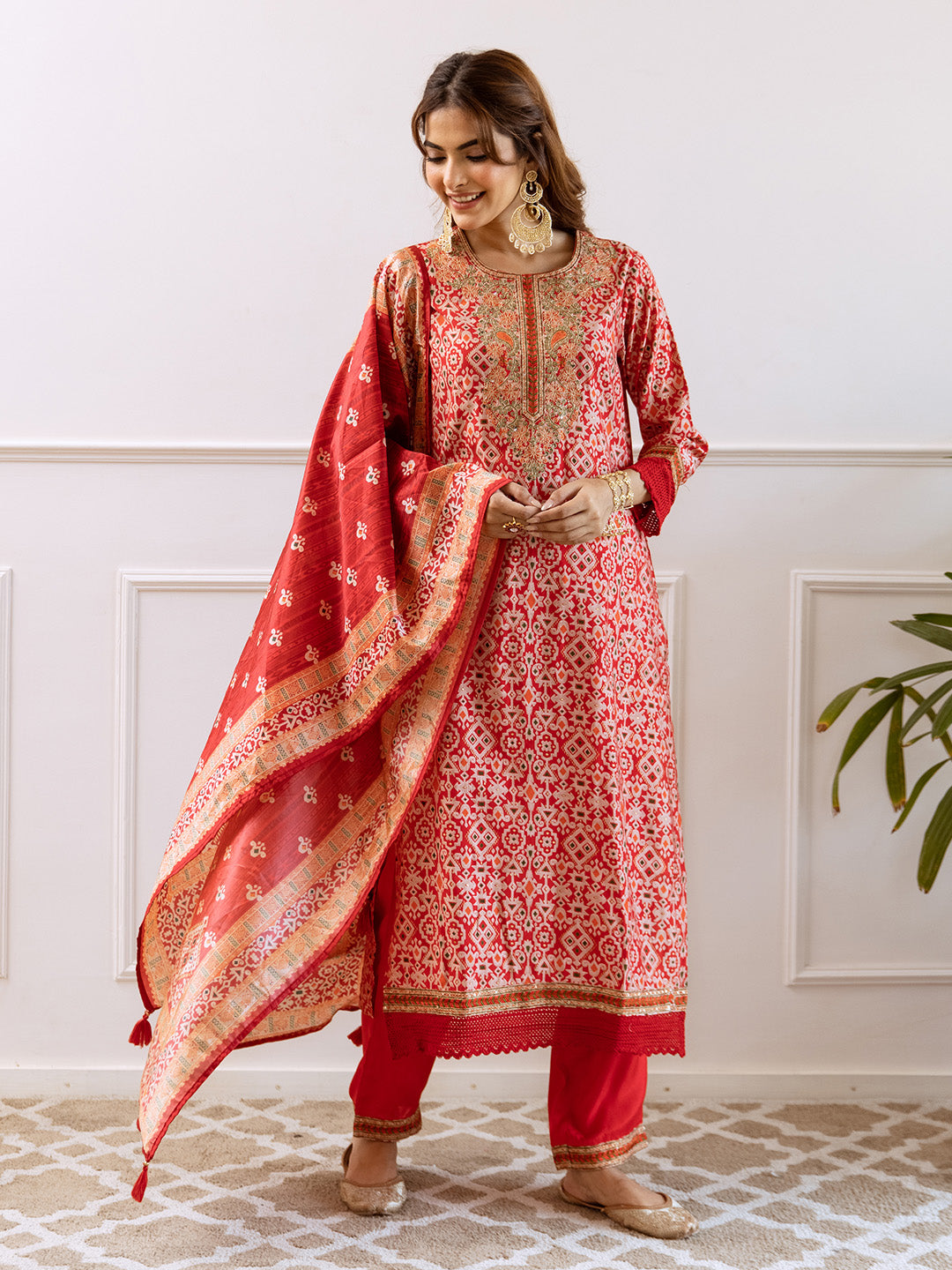 Rich Red Modal Muslin Zari Embroidered A-Line Kurta Set With Printed Dupatta