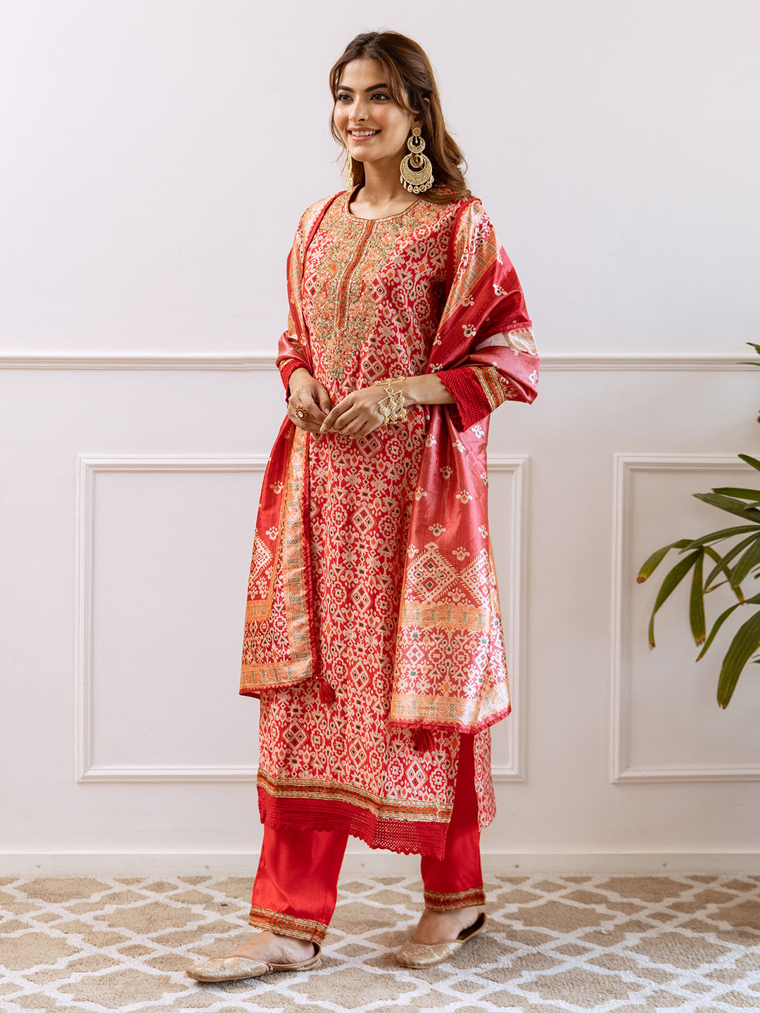 Rich Red Modal Muslin Zari Embroidered A-Line Kurta Set With Printed Dupatta