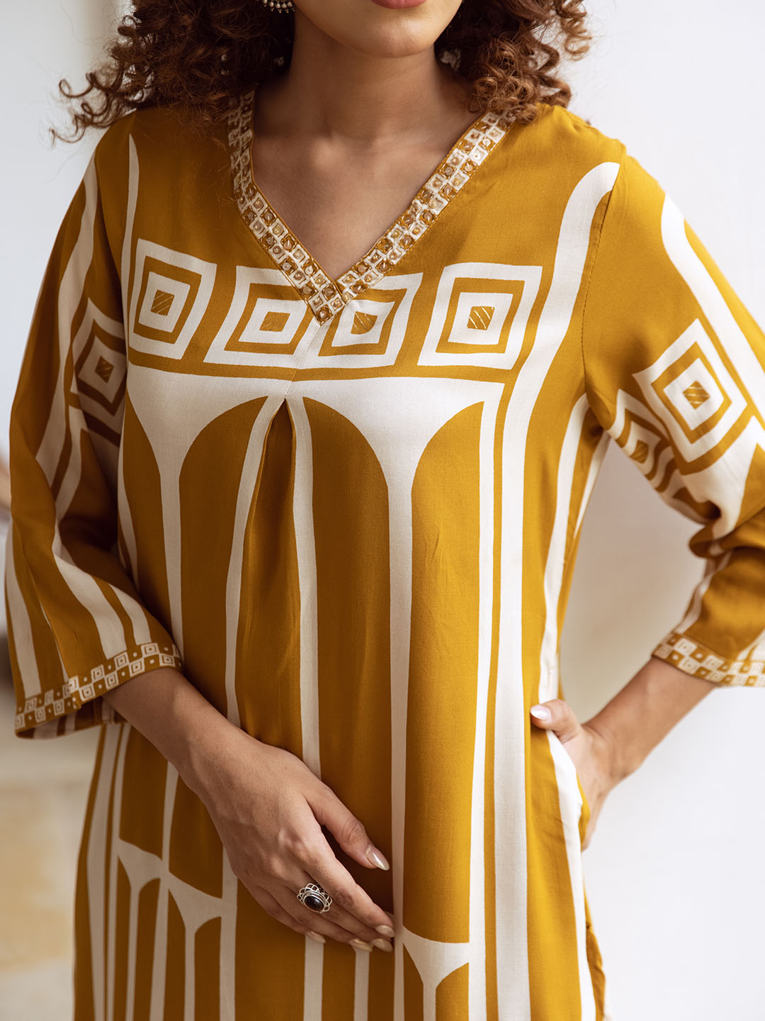 Comfy Mustard Rayon Bold Printed A-Line Kurta Set With Straight Bottom