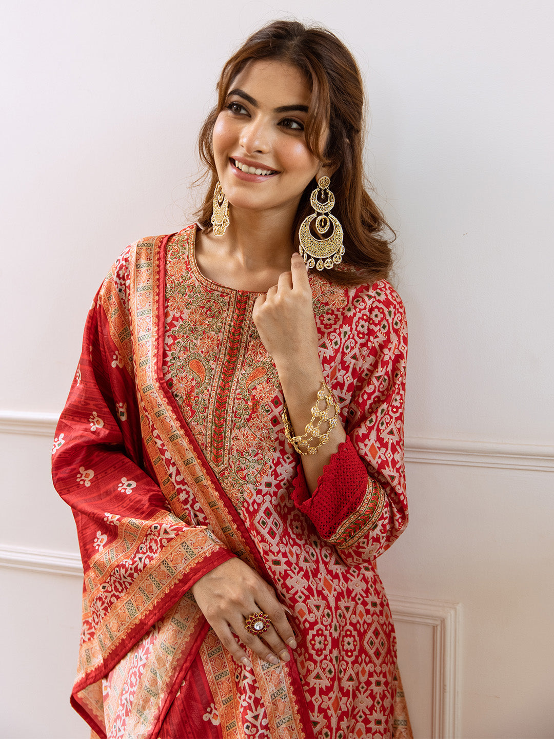 Rich Red Modal Muslin Zari Embroidered A-Line Kurta Set With Printed Dupatta