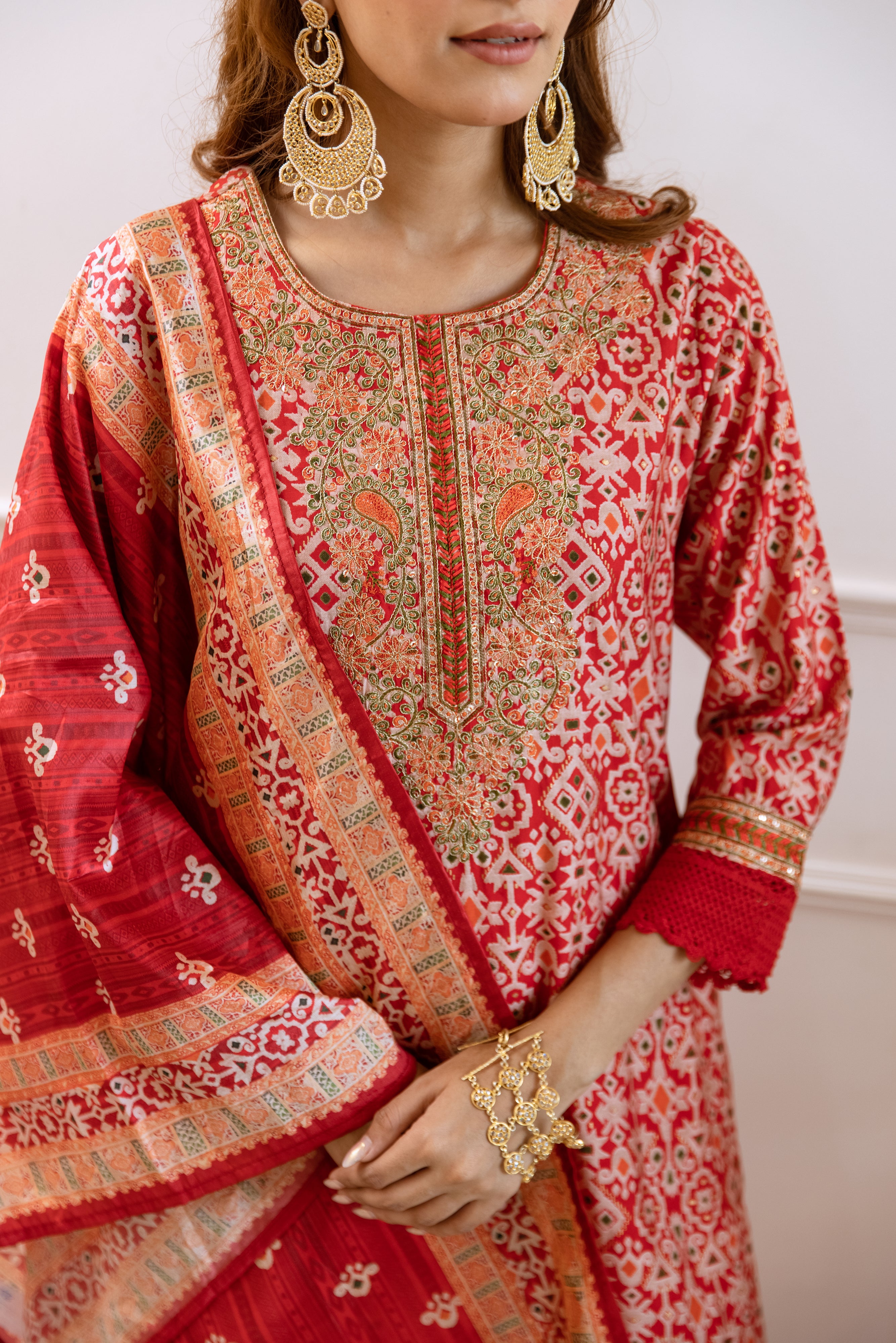 Rich Red Modal Muslin Zari Embroidered A-Line Kurta Set With Printed Dupatta