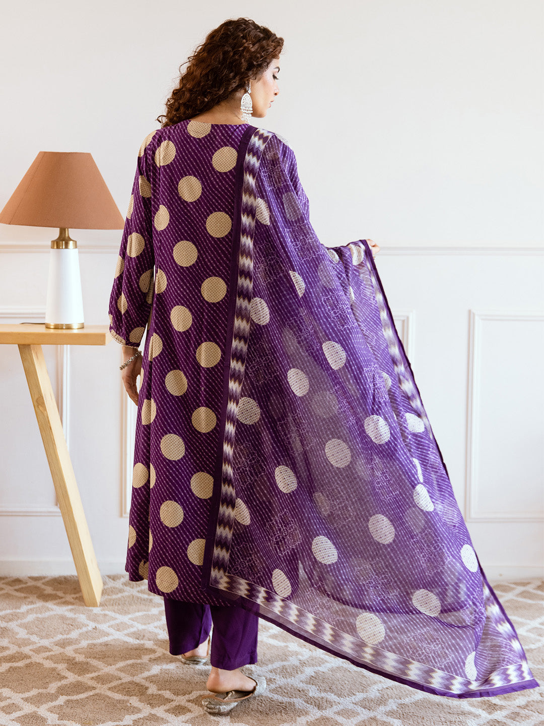 Soft Purple Rayon Mirror Work A-Line Kurta Set With Polka Printed Dupatta