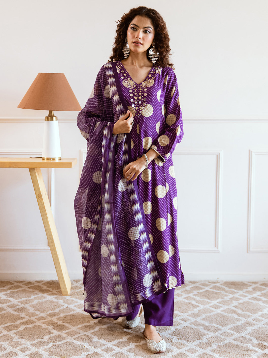 Soft Purple Rayon Mirror Work A-Line Kurta Set With Polka Printed Dupatta