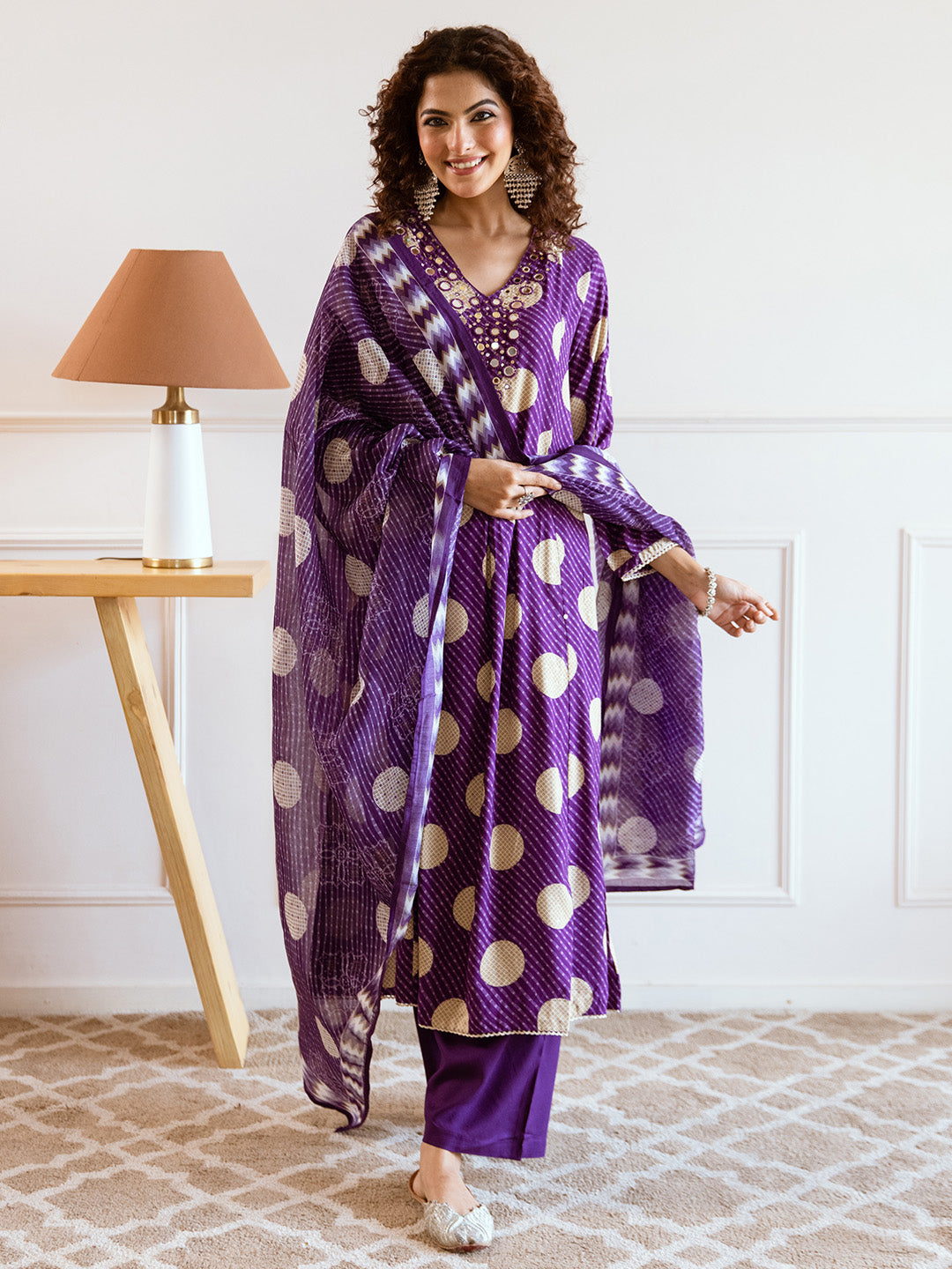 Soft Purple Rayon Mirror Work A-Line Kurta Set With Polka Printed Dupatta