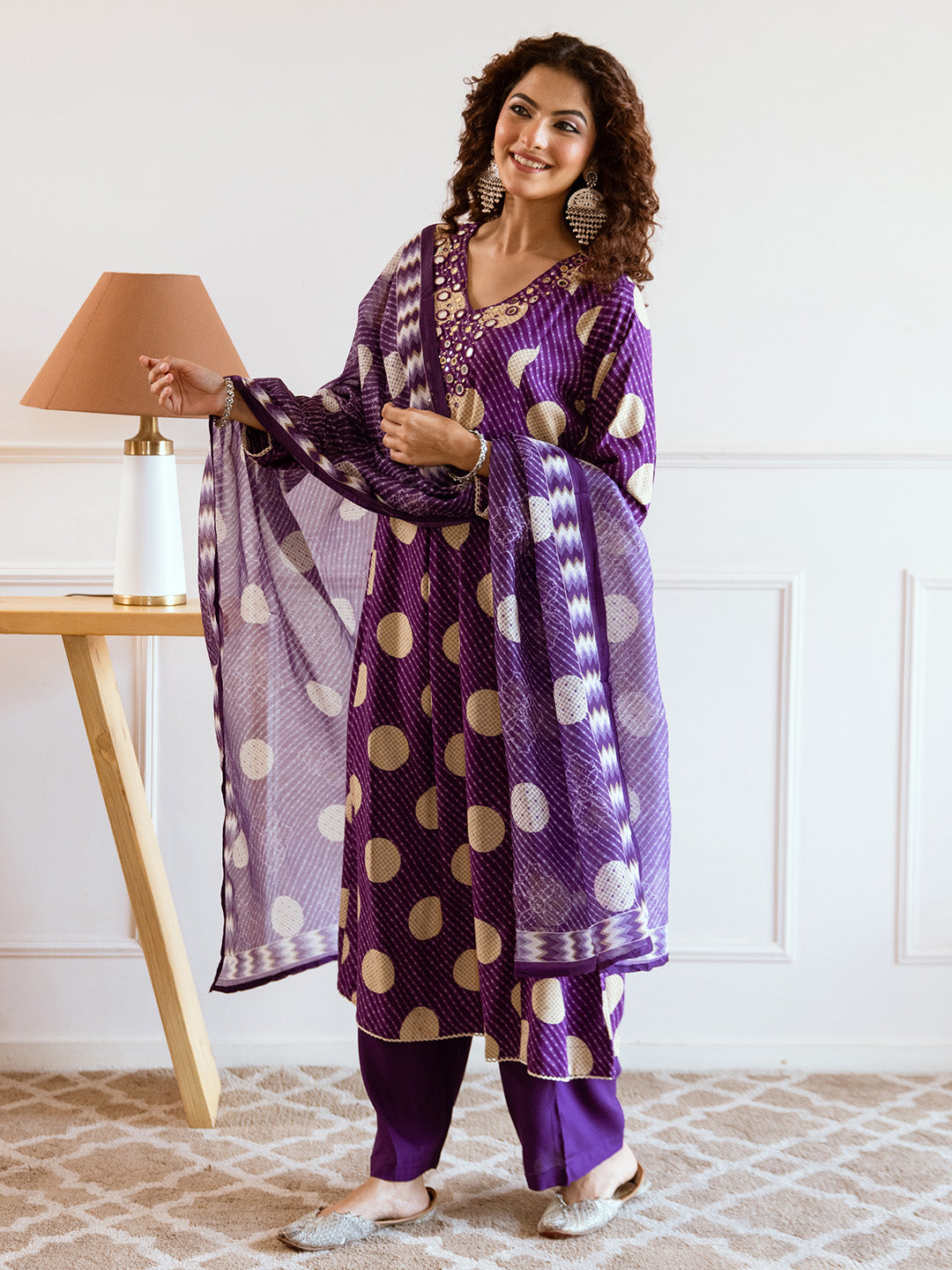 Soft Purple Rayon Mirror Work A-Line Kurta Set With Polka Printed Dupatta